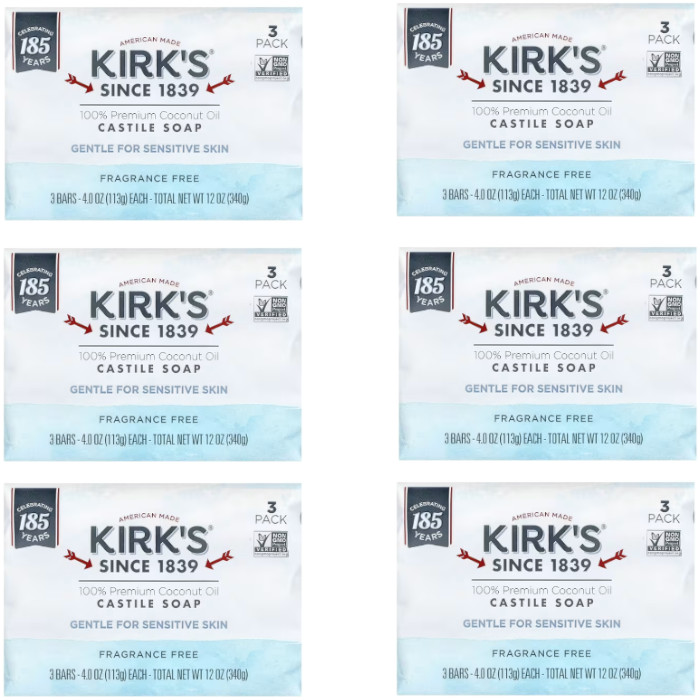 Kirk’s Natural Gentle Castile Bar Soap Fragrance Free 3 Bars Each (Pack of 6)