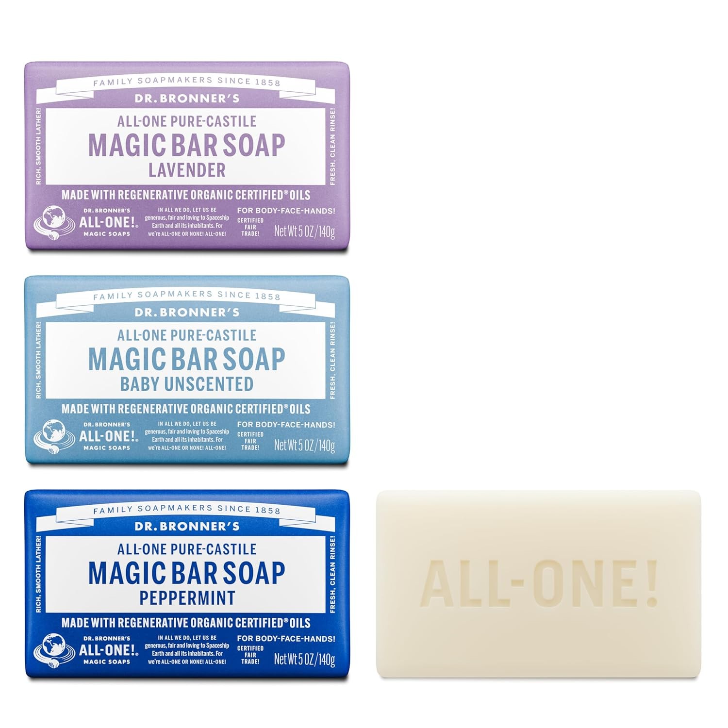 Pure-Castile Magic Bar Soaps (5 Ounce Variety Gift Pack) Almond, Unscented, Lave