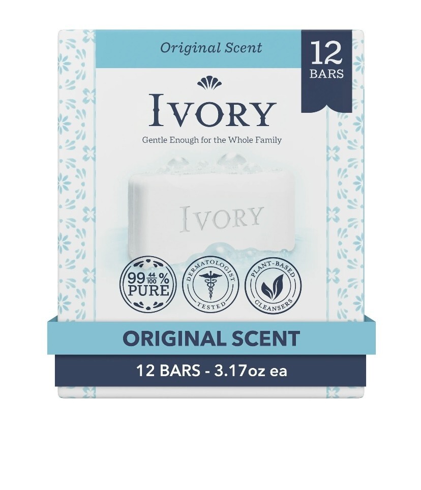 Ivory Bar Soap, Original Scent, for All Skin Types, 12 Count, 3.17 oz