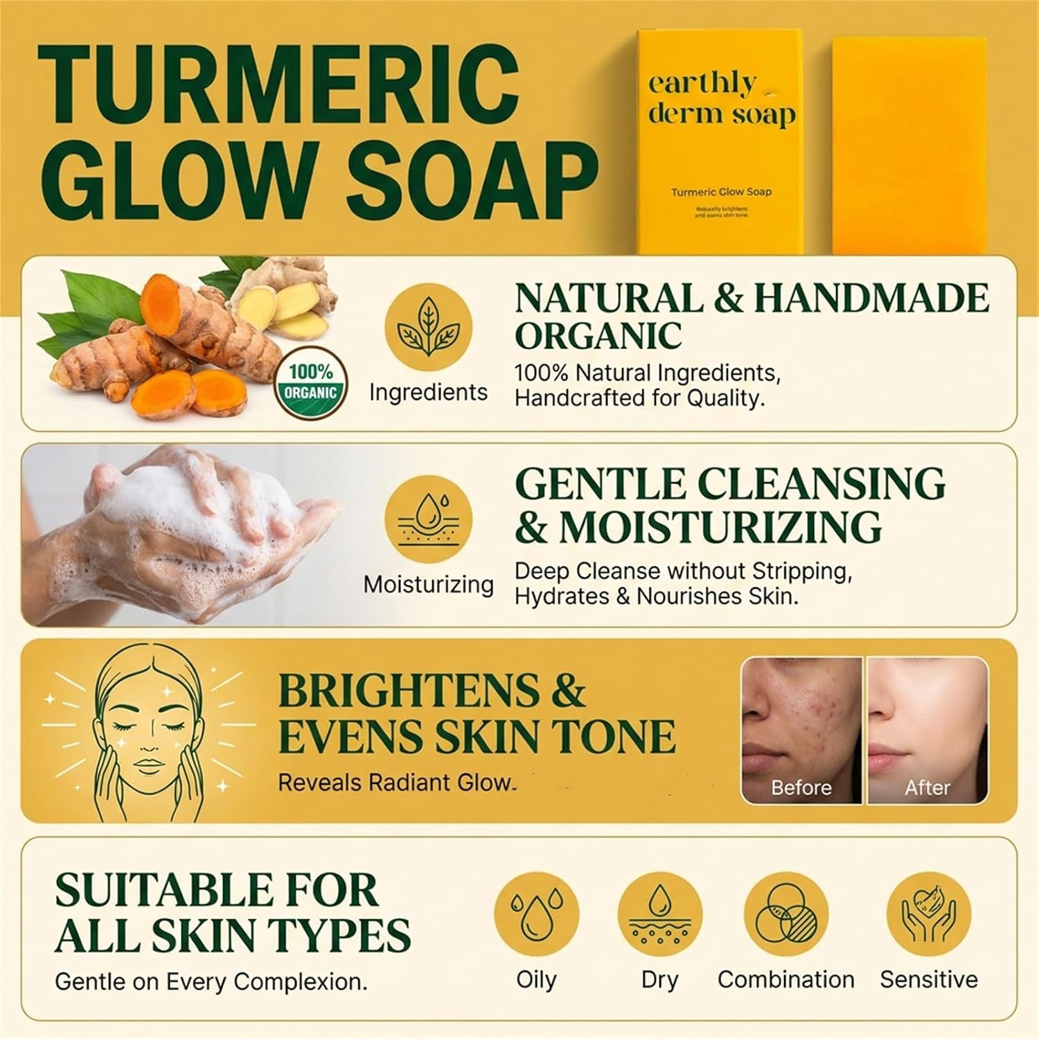 Turmeric Glow Soap, Handmade Turmeric Cleansing Soap, Body Skin Care Handmade So