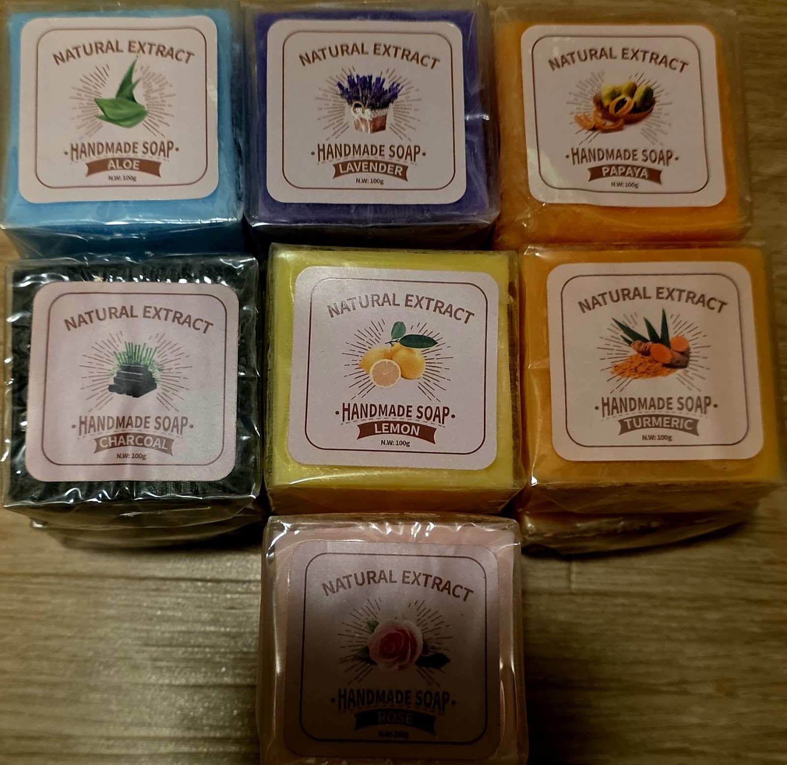 7pcs Natural Extract Handmade Soap 100g Aloe Lavender Papaya Charcoal Lemon