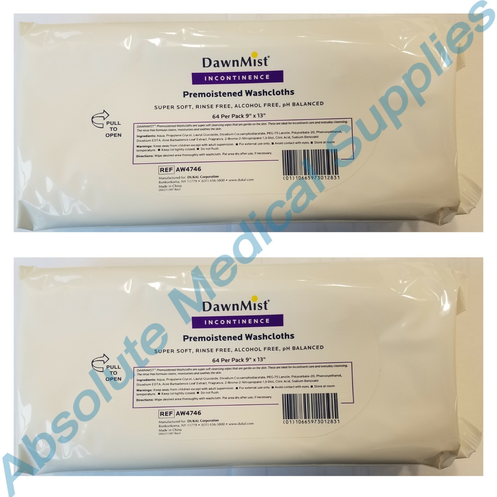 *128-Pieces* Dukal DawnMist Incontinence WashCloths 9″ x 13″ Wipes AW4746