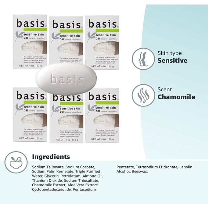Basis Soap Sensitive Skina Bar Cleans+Soothes 6 Pcs Aloe And Chamomile Body Hand