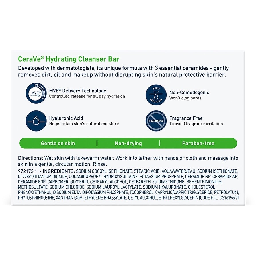 CeraVe Hydrating Cleanser Bar, Soap-Free Body 3-Pack, 4.5 Ounce Each