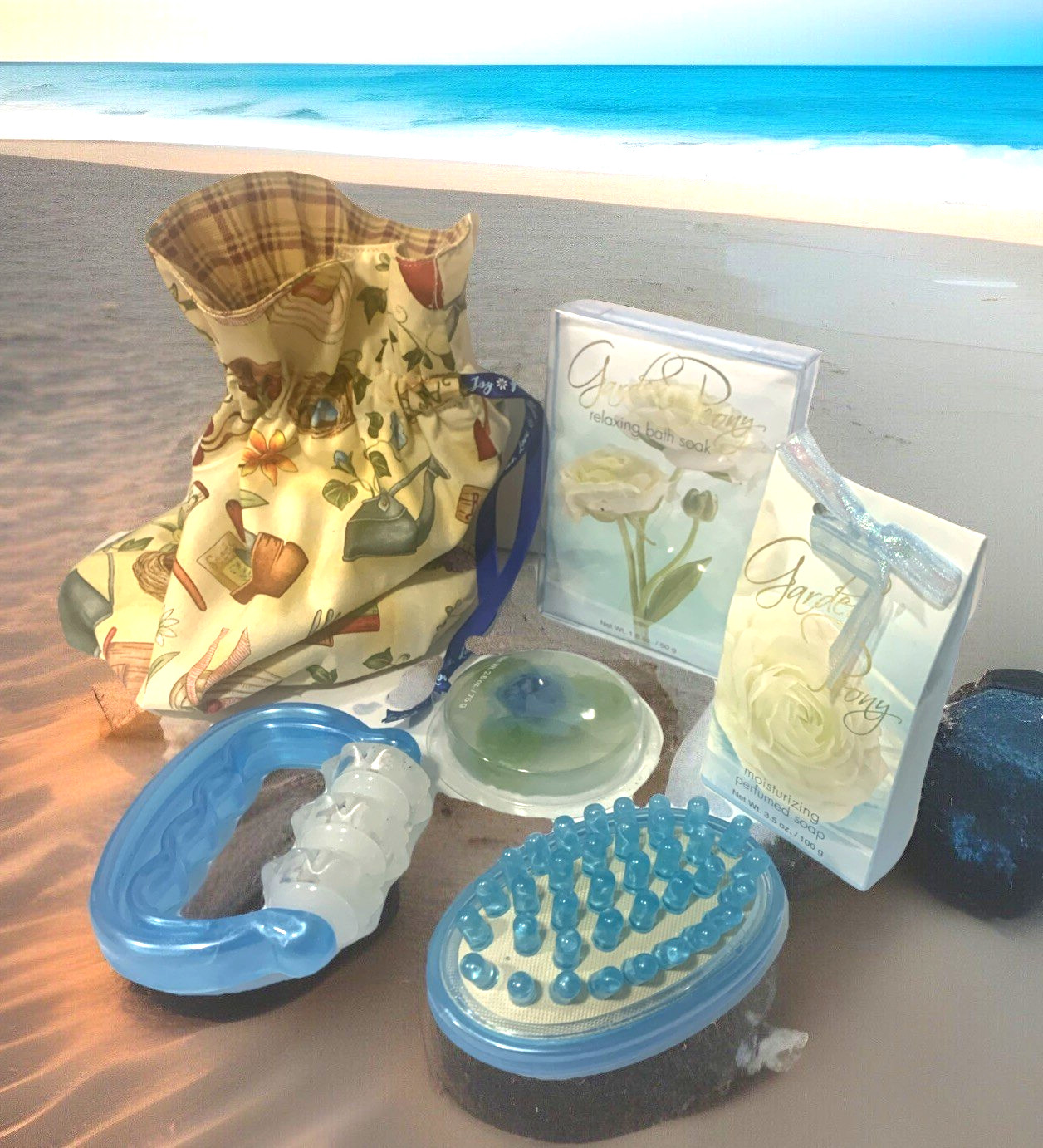 Grdn Peony Perfumed Soap, Bath Soak, Face Massager, Scalp Massager, Hand Mde Bg