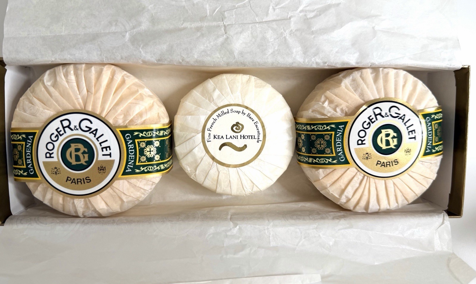 Roger & Gallet Paris Gardenia Soaps 2×3.5 oz Made In France + One Kea Lani Soap