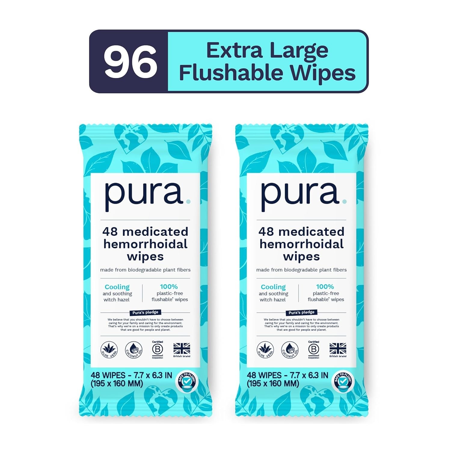 XL Flushable Hemorrhoid Wipes, 2 Packs of 48 (96 Wipes), Extra Large Medicated W