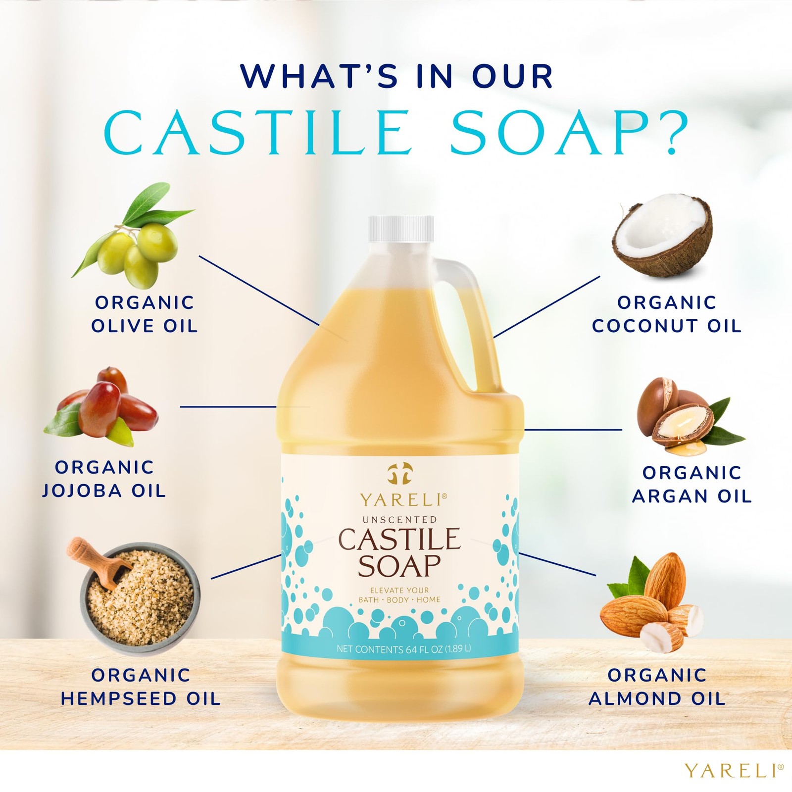 YARELI Pure Castile Soap Liquid Unscented 64oz – EWG 64 Fl Oz (Pack of 1)