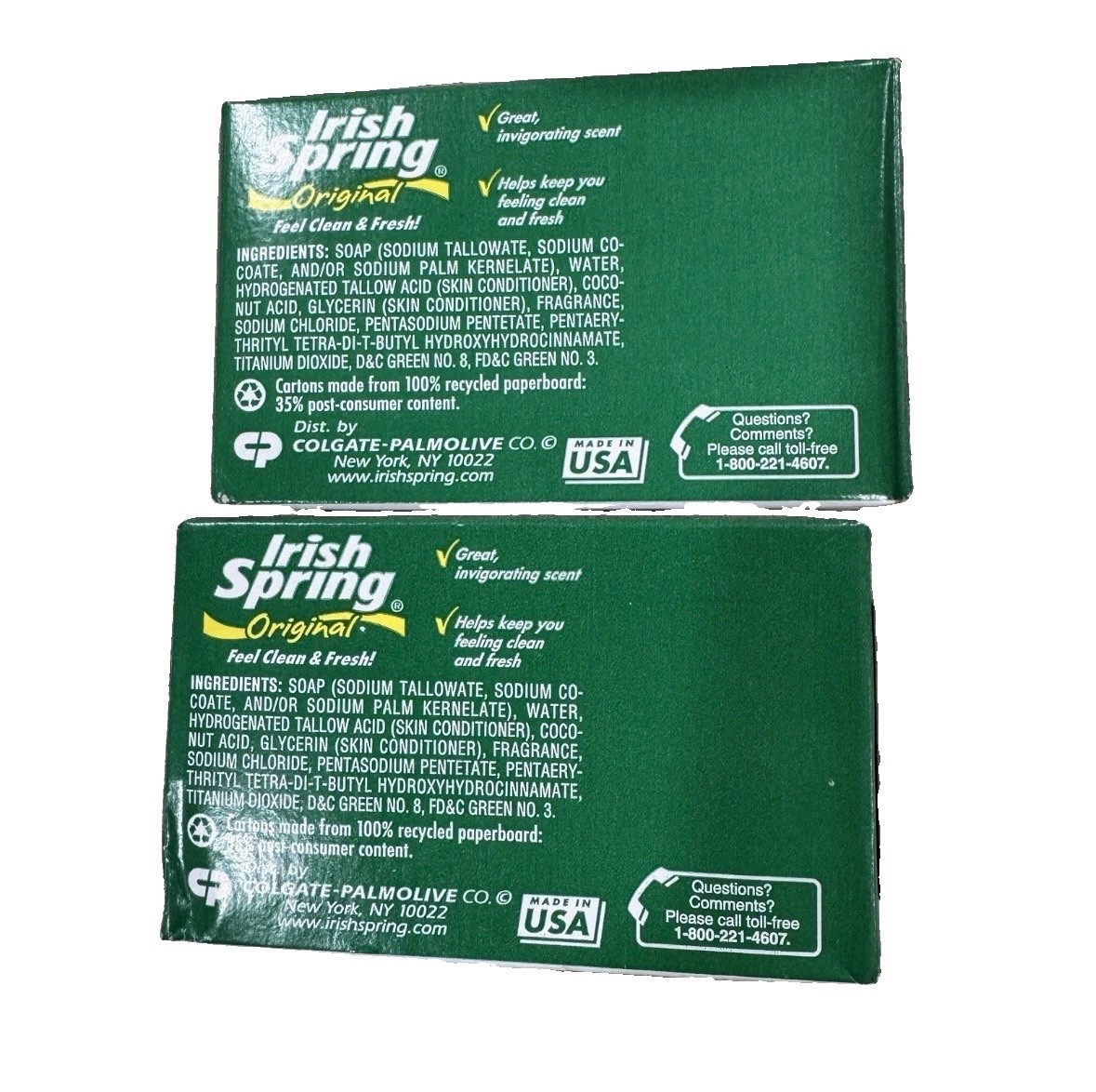 Irish Spring Original Deodorant Soap Bar Feel Clean & Fresh 4.5 oz. Lot of Two