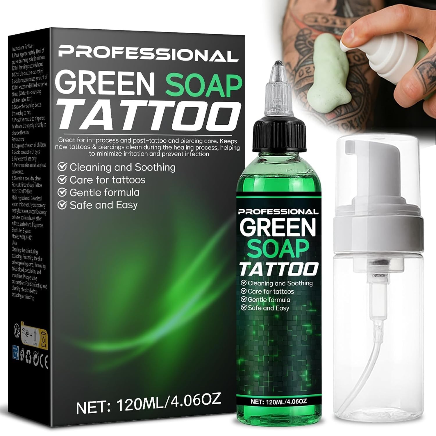 Green Soap Tattoo 4OZ – Concentrated Tattoo Soap with Foaming Bottle 120ml, W…