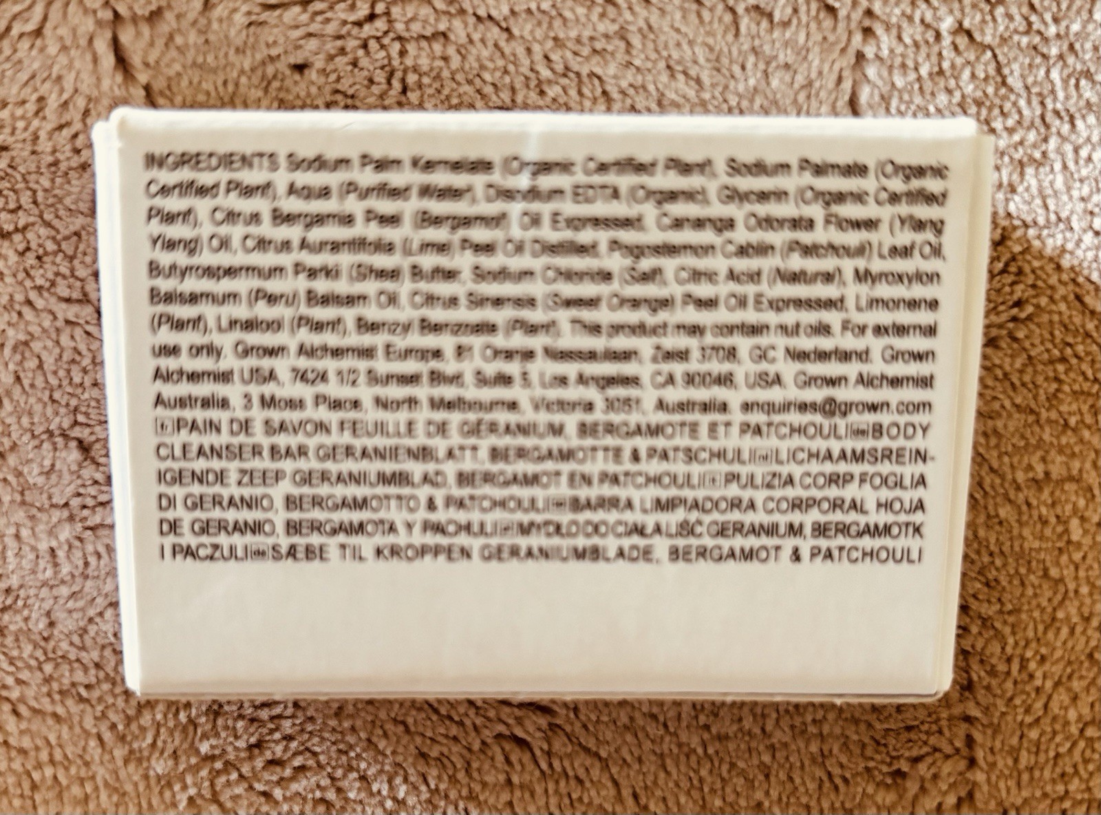 Grown Alchemist Moisturizing Body Cleansing Bar Geranium Leaf Bergamot Patchouli