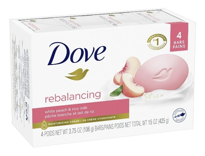 🆕️ Dove (4-Bars) 3.75 Oz. •REBALANCING• 🍑 White Peach & Rice Milk Beauty Bars.