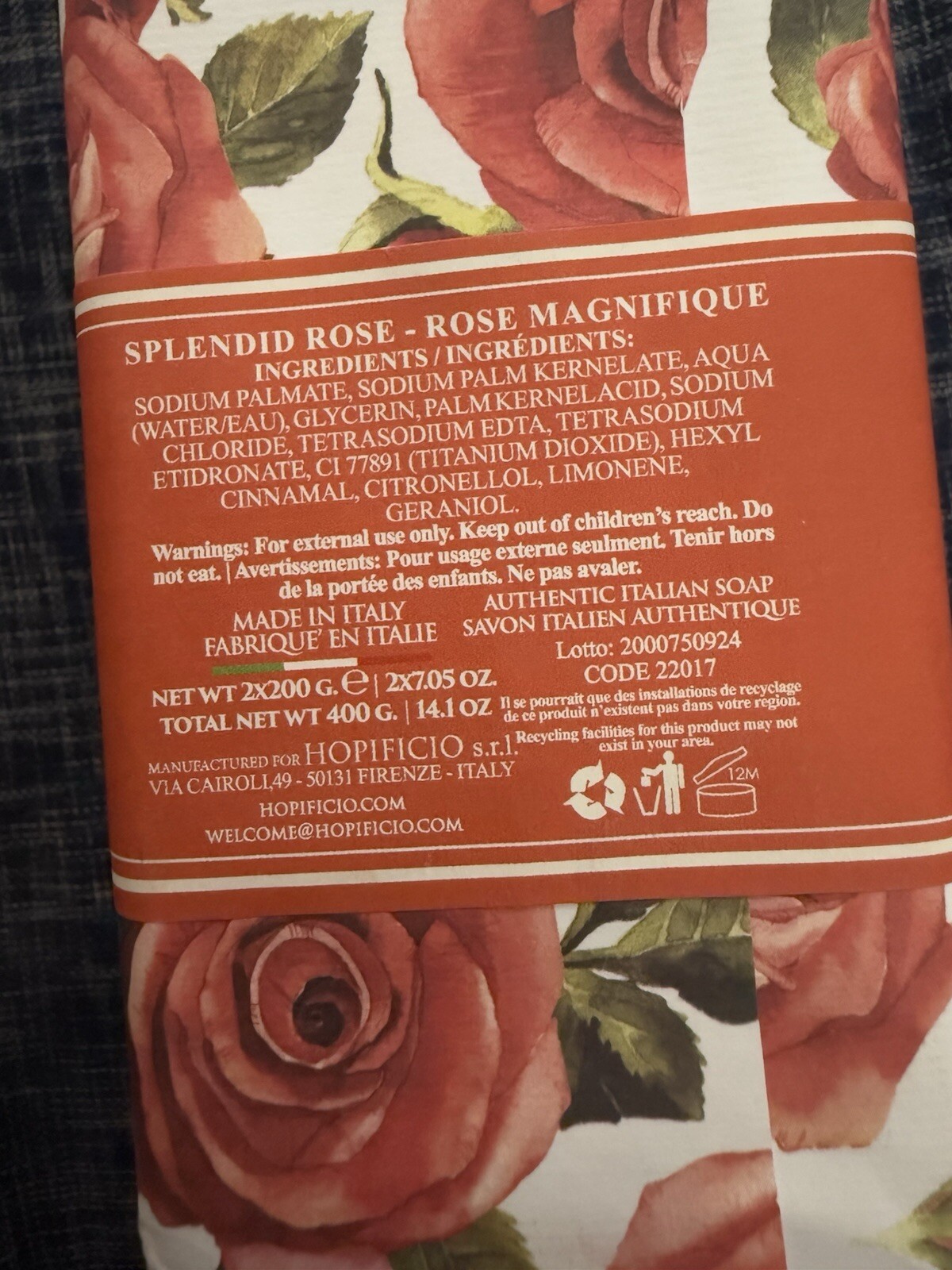 Set 2 Pcs HOPIFICIO Firenze SPLENDID ROSE Triple Milled Soap Bar 7.5 Oz X2
