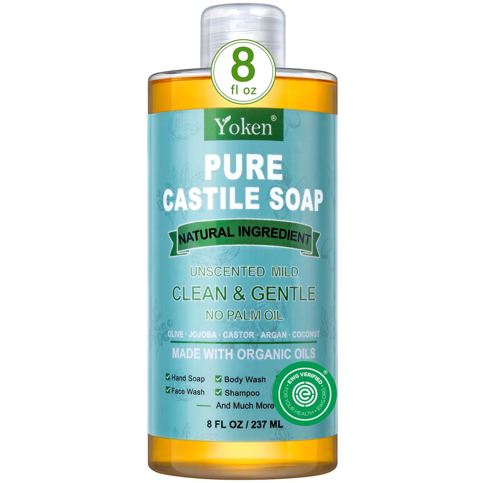 Yoken Pure Castile Liquid Soap Organic (EWG 8 Fl Oz (Pack of 1), Gold