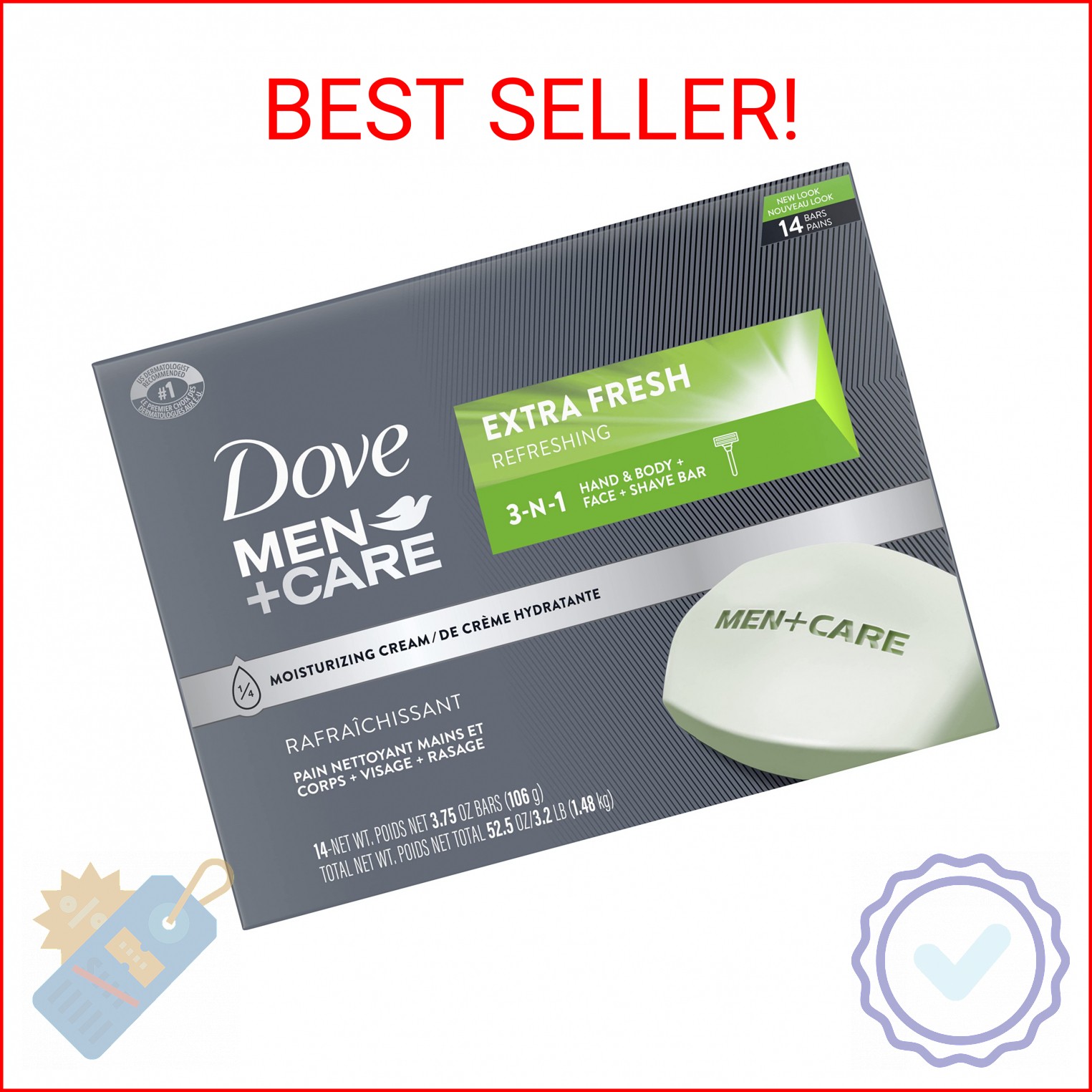 Dove Men+Care Bar 3 in 1 Cleanser for Body, Face, and Shaving Extra Fresh 14 Bar