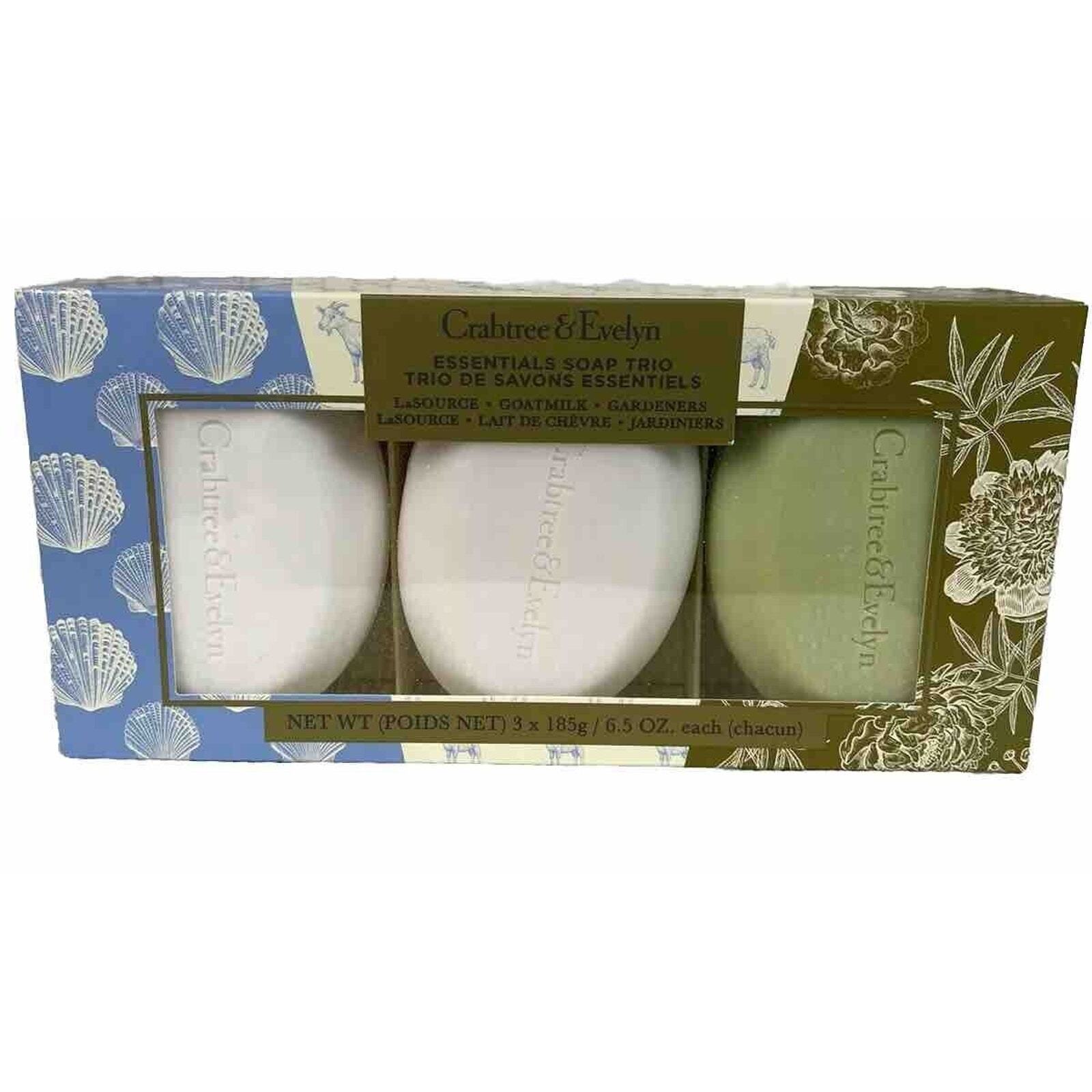 Crabtree & Evelyn Essentials Soap Trio-La Source Goatmilk Gardener NIB 6.5 oz ea