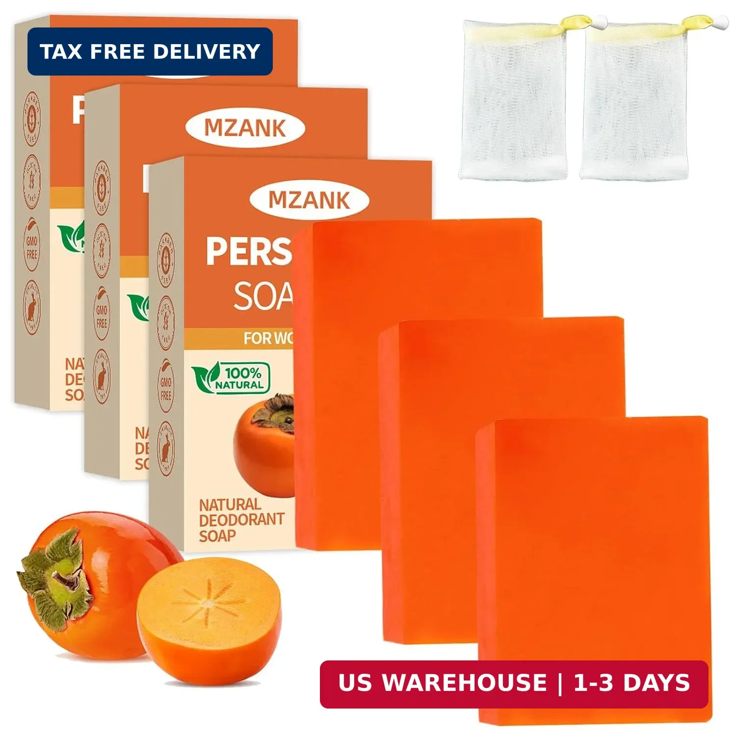 3 PACK Persimmon Soap Bar for Old People Smell,Natural Deodorant Body Face Bar S