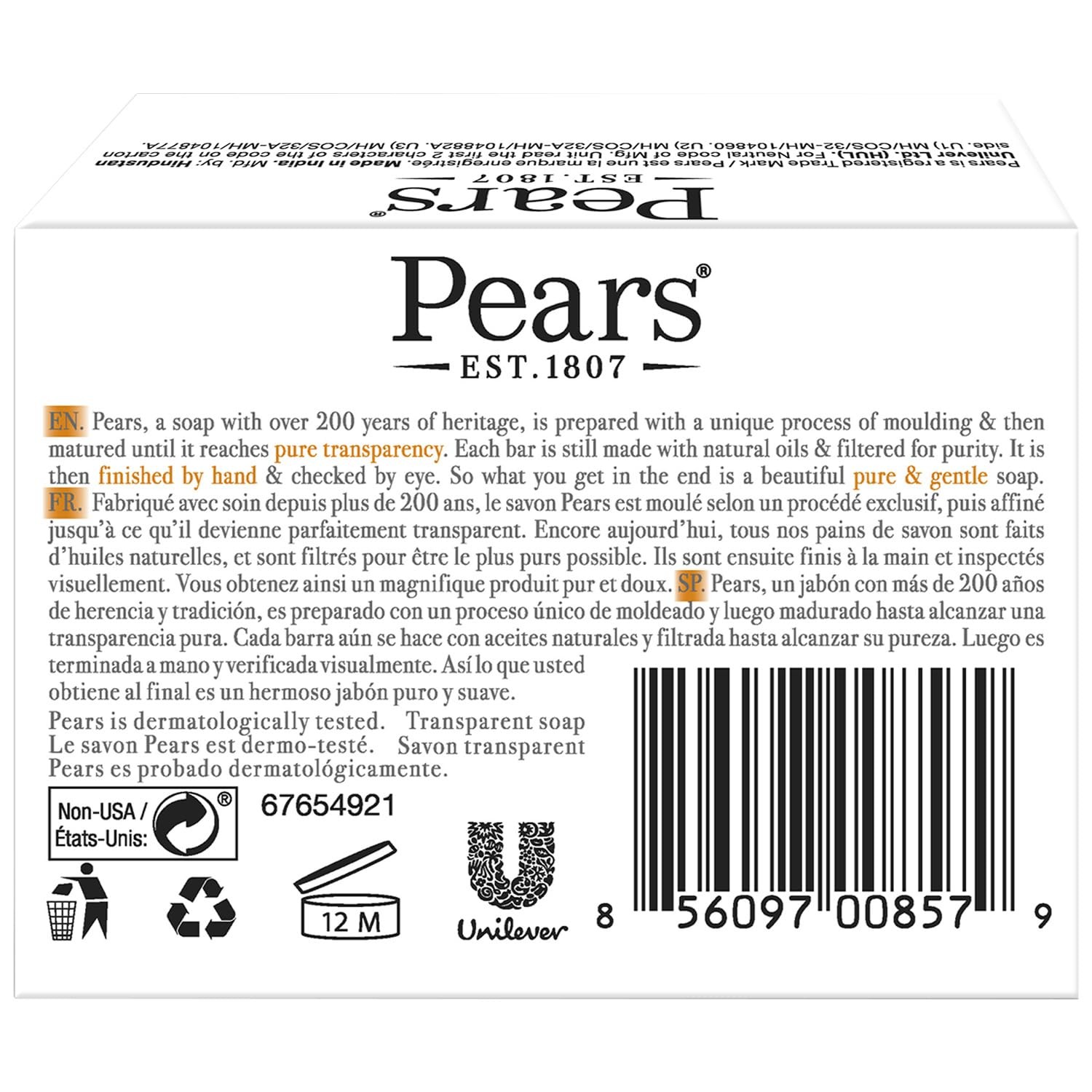 Pears Soap, Pure Gentle with Natural Oils, 12-Pack – Transparent Amber