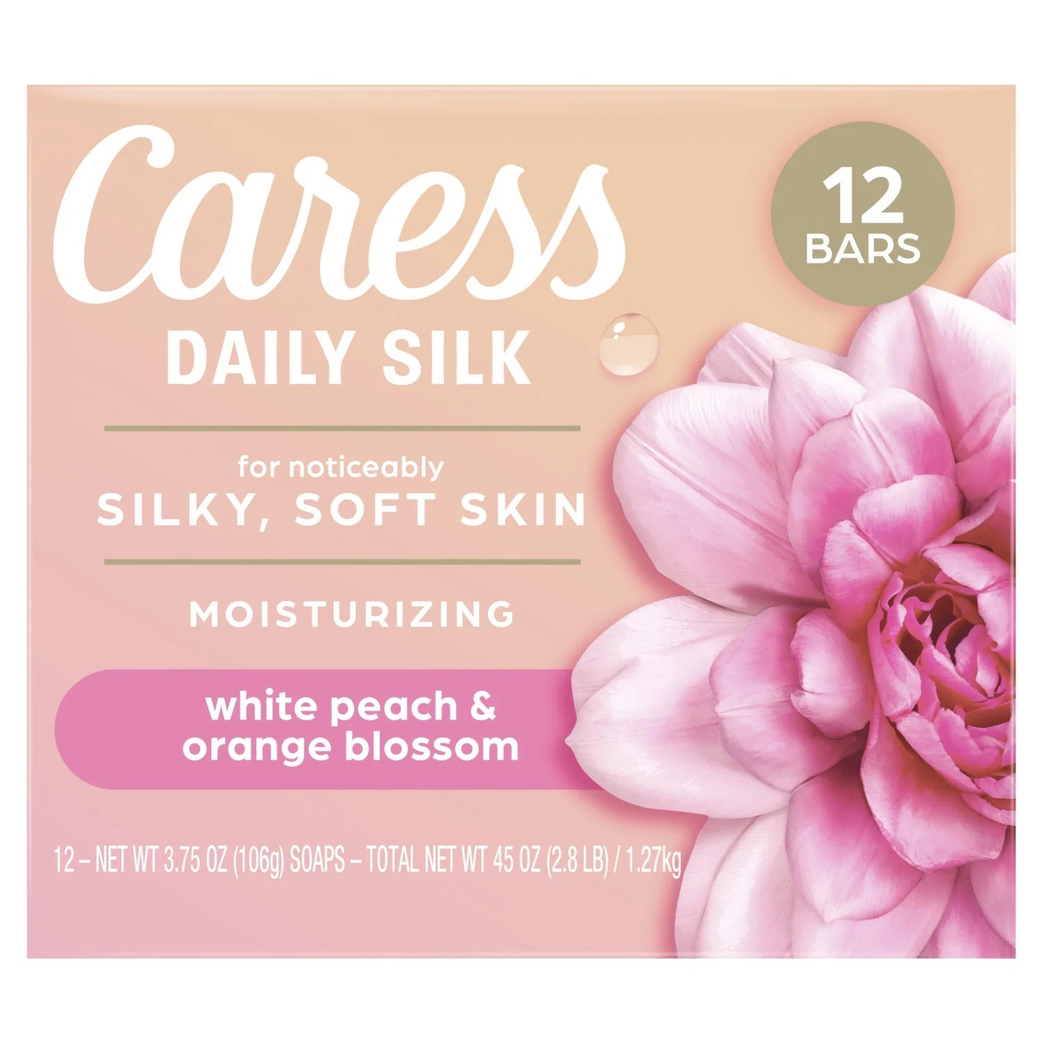 Caress Daily Silk Moisturizing Soap, White Peach & Orange Blossom, 3.75, 12 Bars