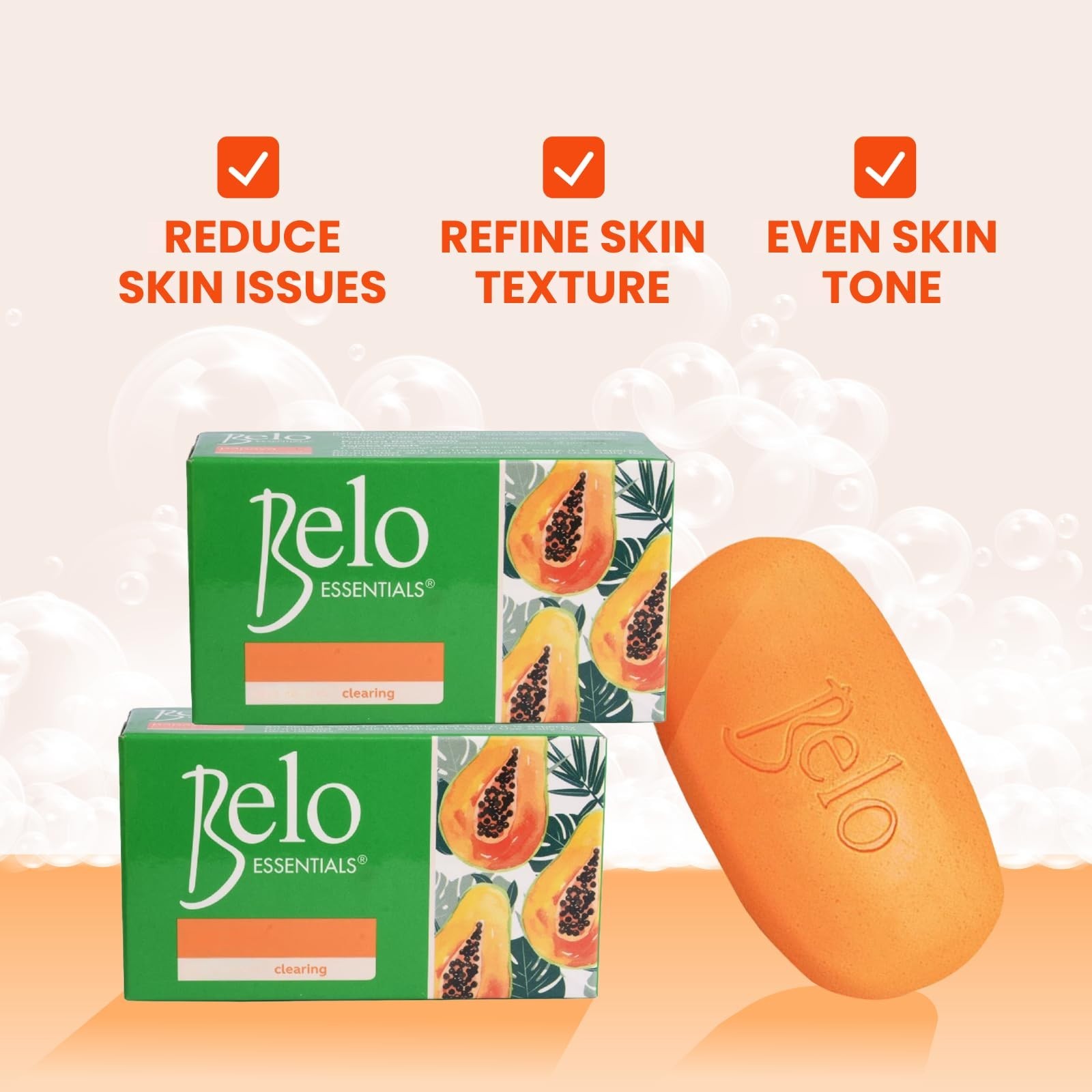 Belo Essentials Papaya Brightening + Clearing Soap Papaya Enzymes, 65g x 9 Bars