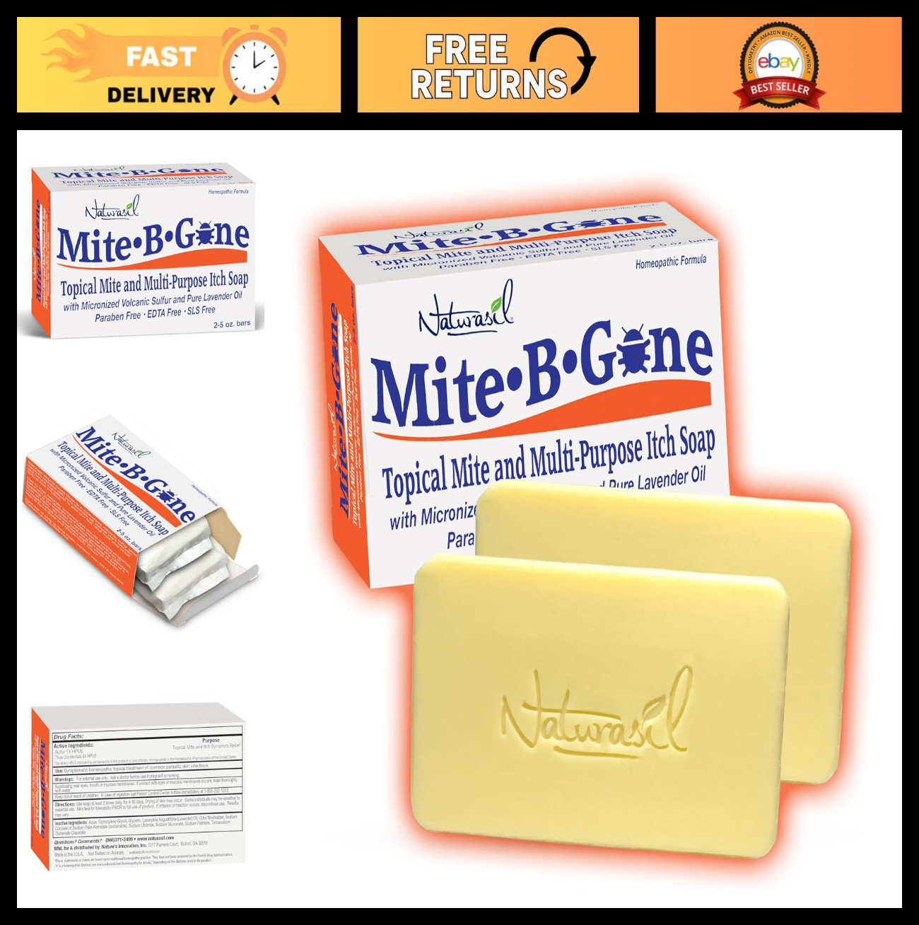Anti-Itch Sulfur Soap for Mites & Insect Bites | Kid Safe | 5 oz Bars (2)