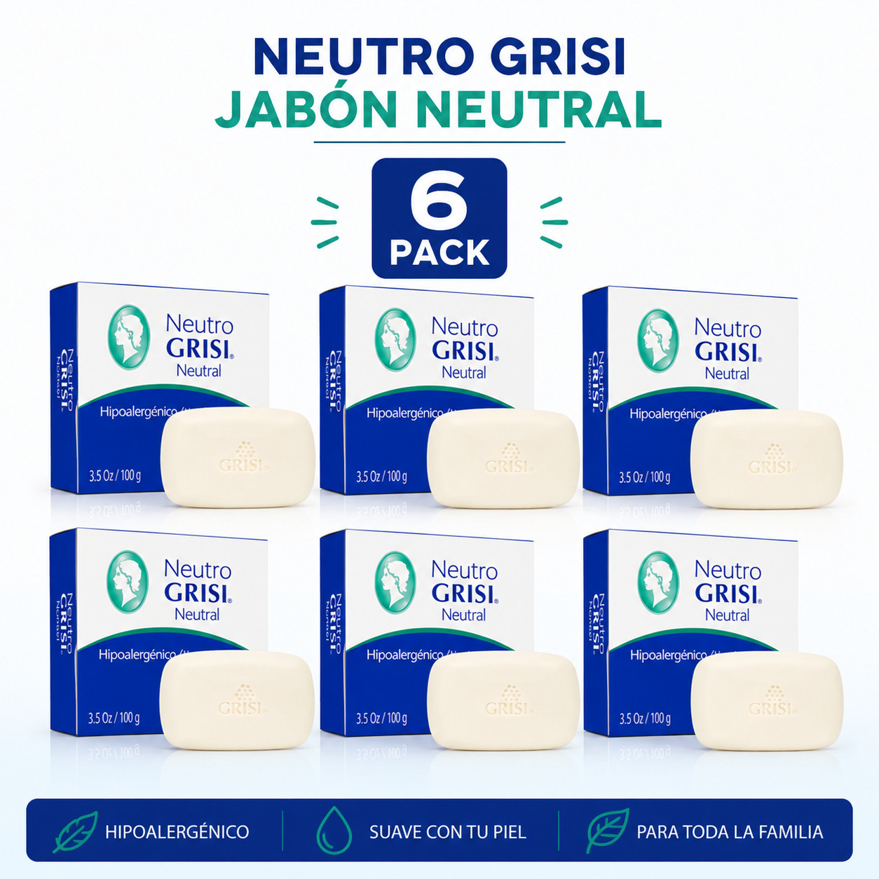 Grisi Neutro Neutral Bar Soap 6 Pack Hypoallergenic Gentle Cleansing 3.5 oz