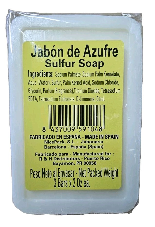 Original Jabon Azufre Sulfur Oil Soap Bars Made in Spain 3 Bars-2 0z. Ea.