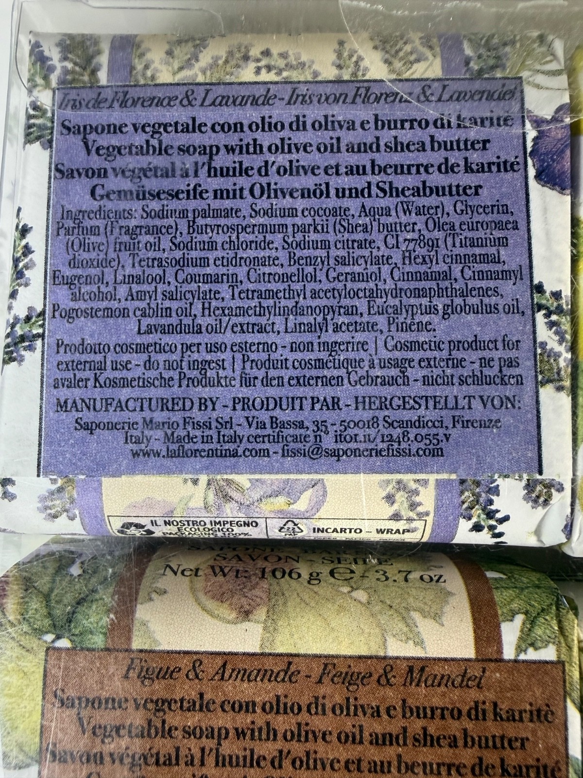 LA FLORENTINA: Individually Wrapped Assorted Soap 6×3.7oz Italy 22.4oz +Bar Bag