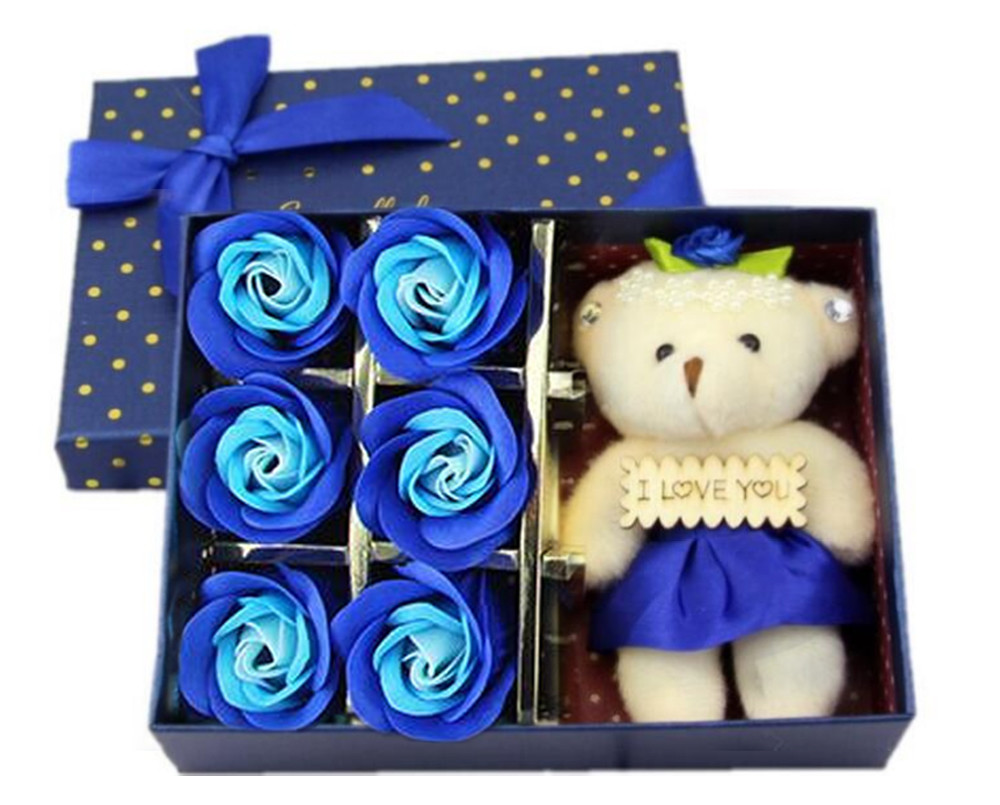 Romantic 6Pcs Scented Soap Rose Flower Petal With i love you bear Valentine Gift
