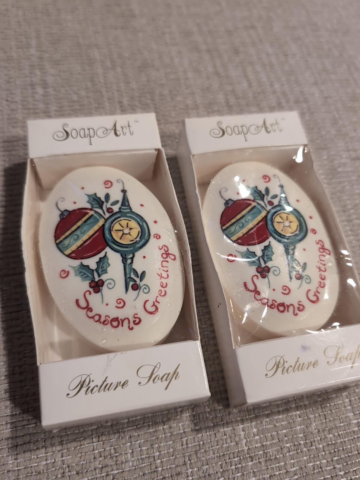 Vintage Christmas Soap Art Picture Soap. Lot Of 2: Seasons Greetings Ornaments
