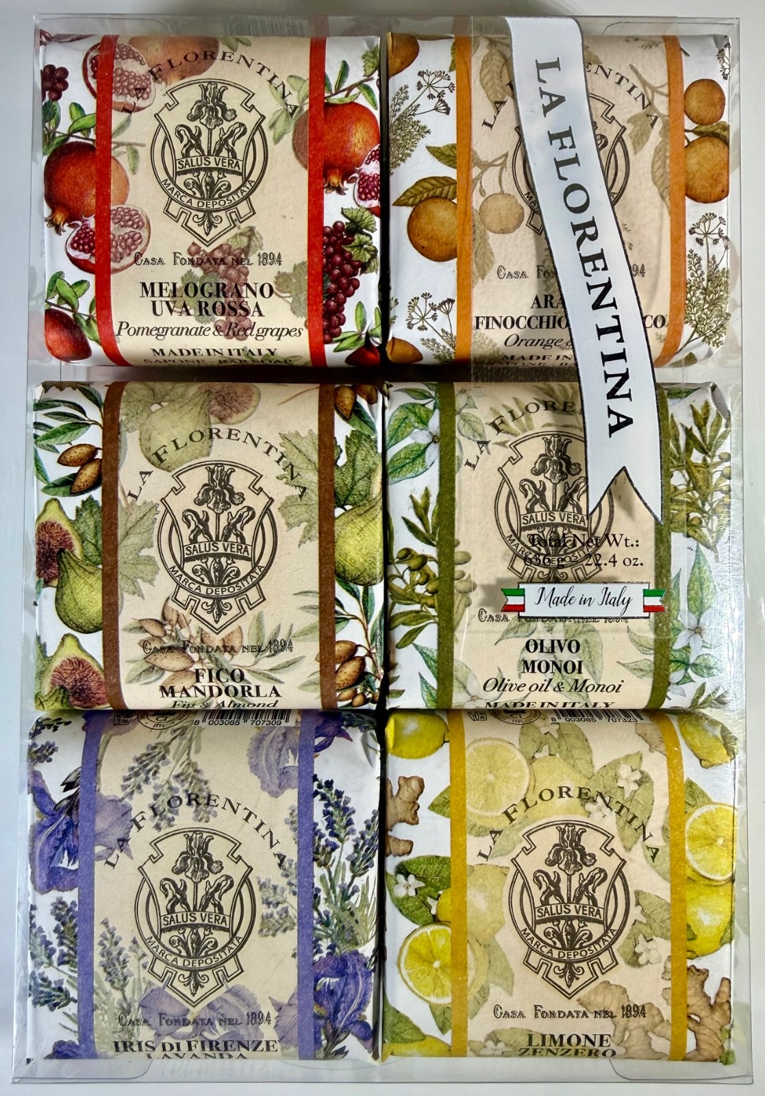 LA FLORENTINA: Individually Wrapped Assorted Soap 6×3.7oz Italy 22.4oz +Bar Bag
