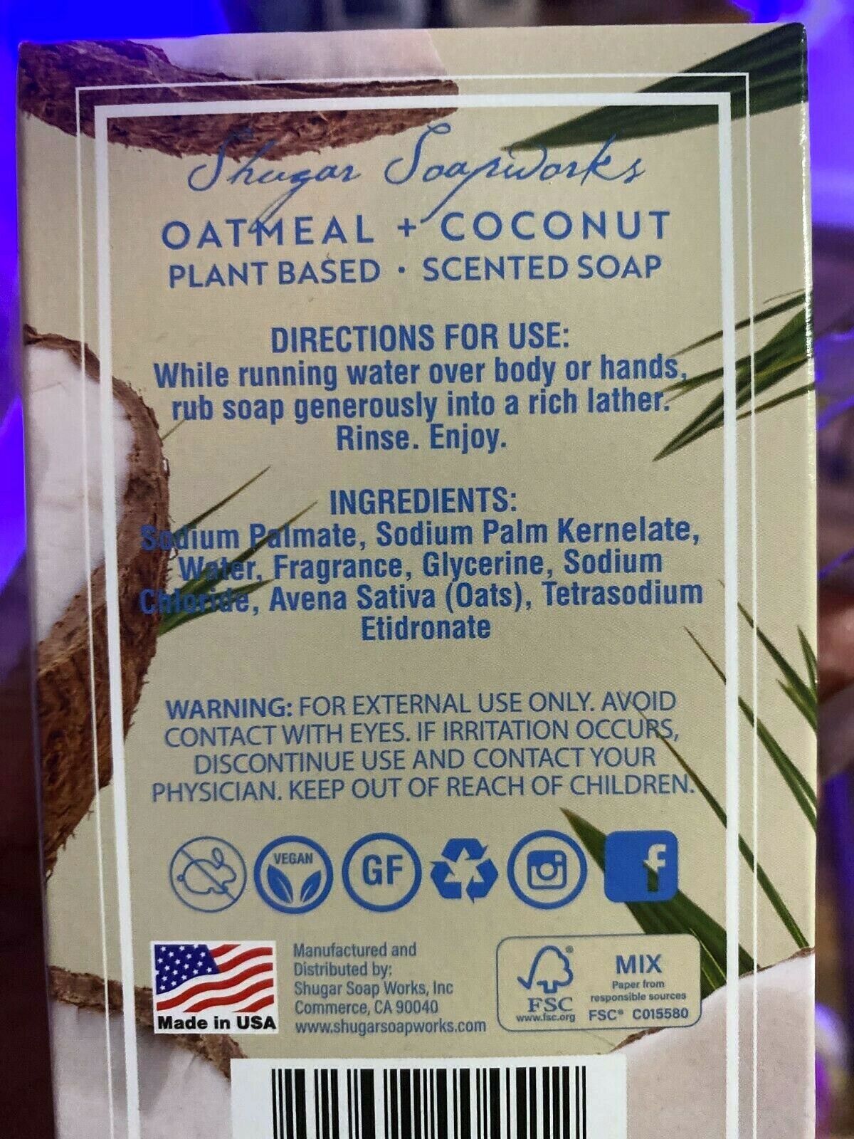 2 Oatmeal Coconut Plant Based Vegan Soap Bath Body Hand Shower Gluten Free USA