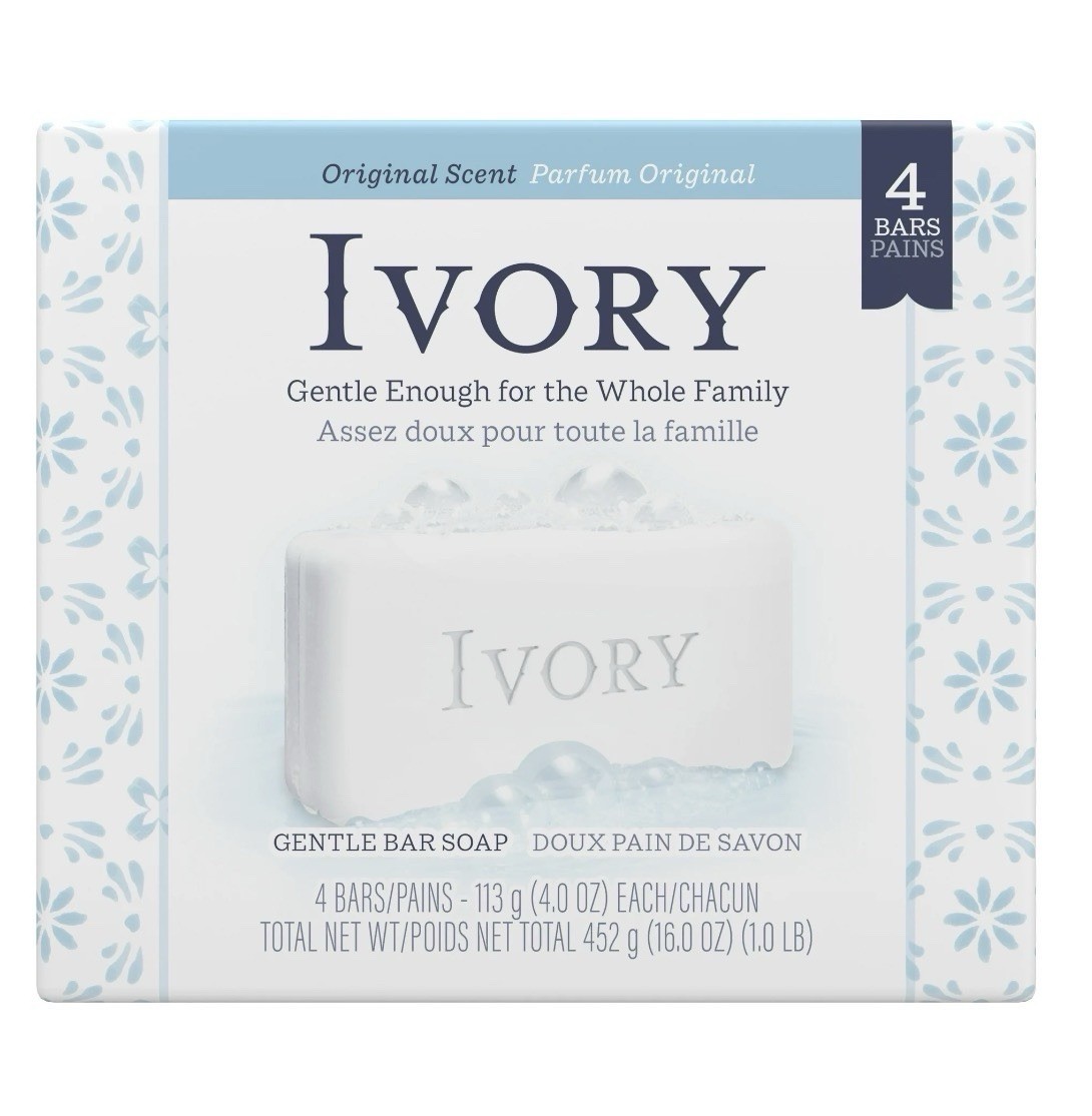 Classic ORIGINAL IVORY White Bar Soap 4 oz X 4 BARS 99.44% Pure Clean Simple