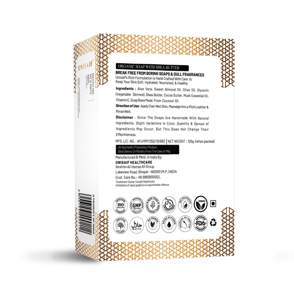 Unisaif Musk Organic Soap Bar 125g – Moisturizing, Paraben-Free, All Skin Types