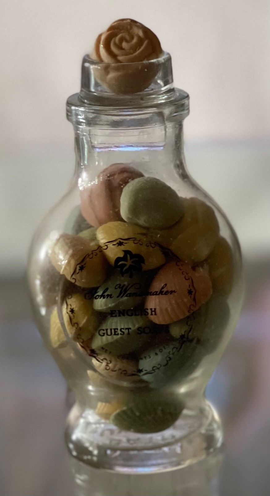 Vintage John Wanamaker English Guest Soaps Glass Jar 6 oz Full Bottle