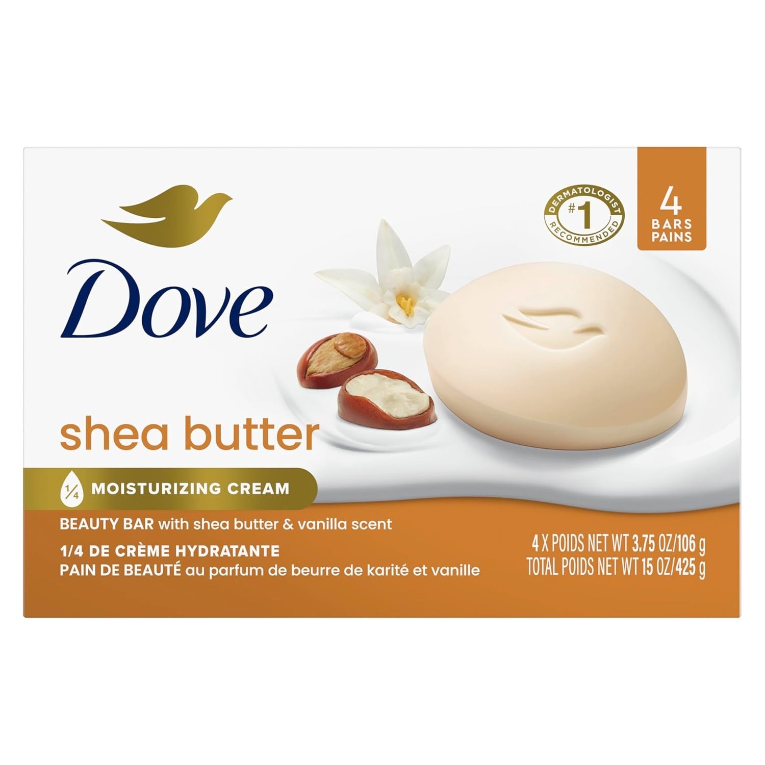 Dove Beauty Bar Soap Shea Butter 4 Count for Nourished, Radiant Skin, Enriche…