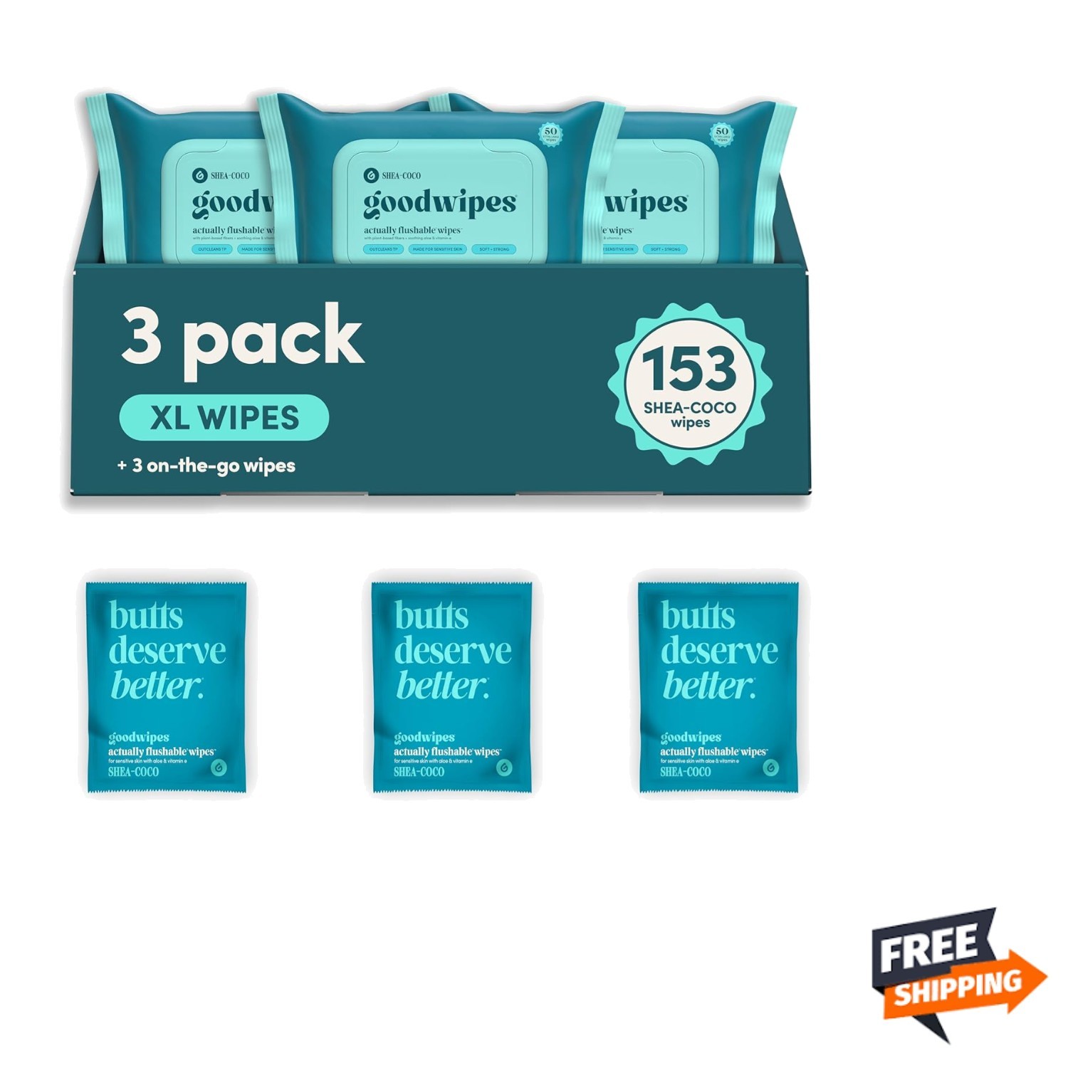 Flushable Shea Coco Wet Wipes for Adults 153 Count Extra Large Safe & Gentle