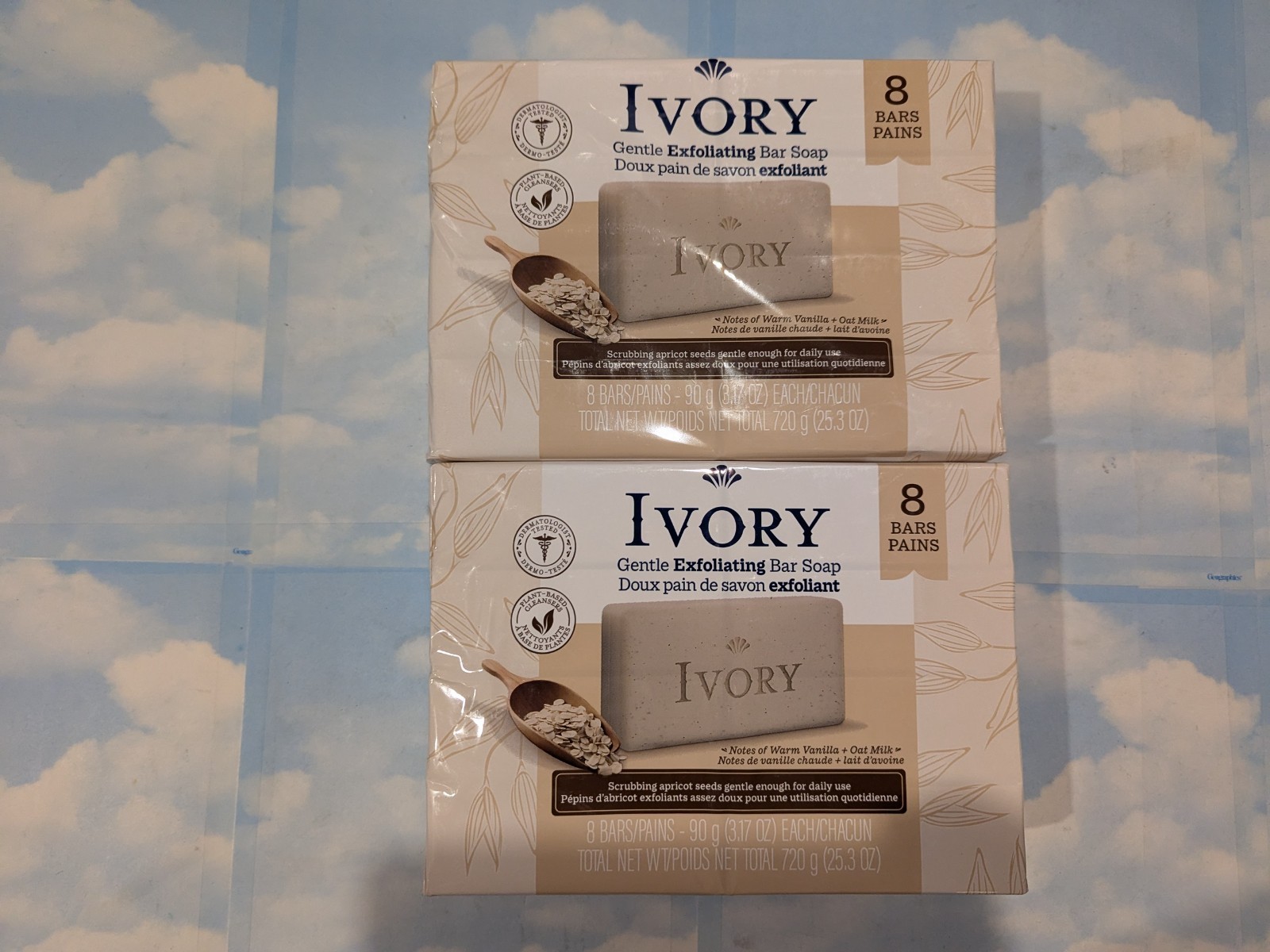 LOT (2) IVORY GENTLE EXFOLIATING BAR SOAP VANILLA & OAT MILK 3.17 OZ EA 16 BARS