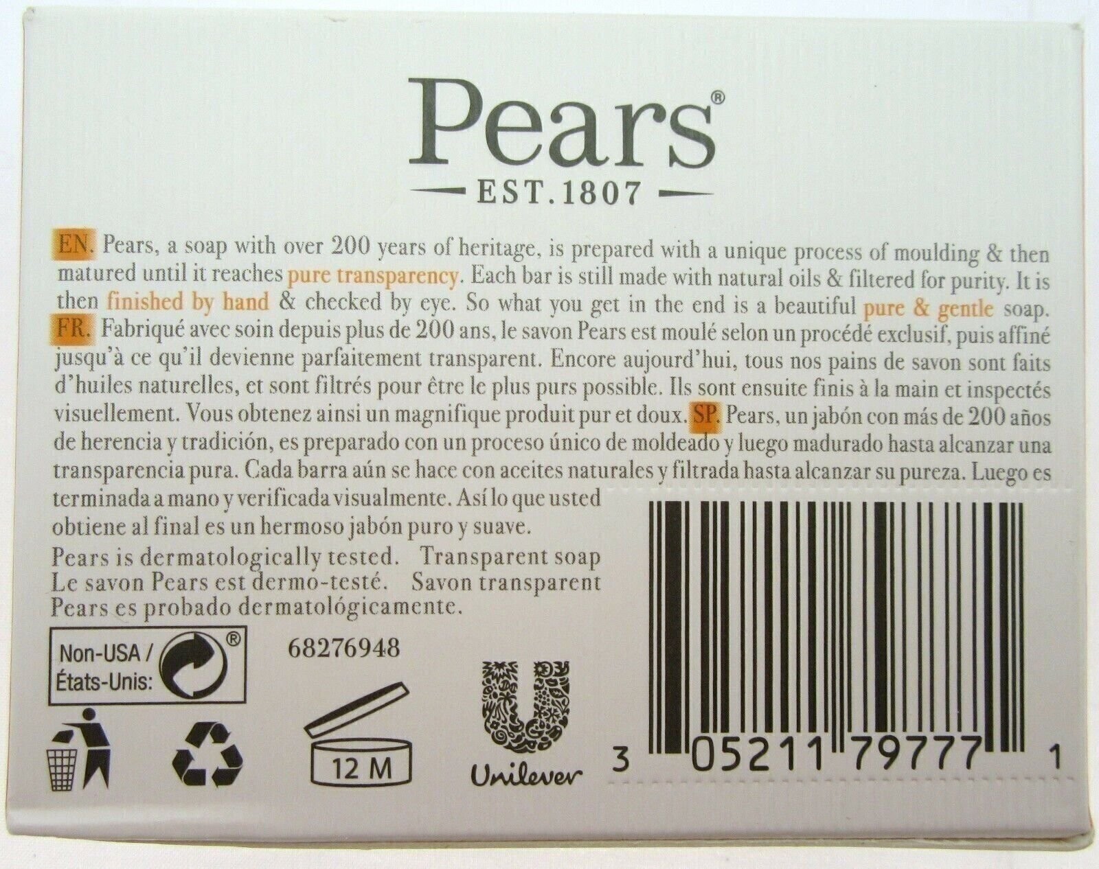 Pears Transparent Soap ~ Gentle Care Mild Sensitive Skin Pear Cleanser Lot of 3