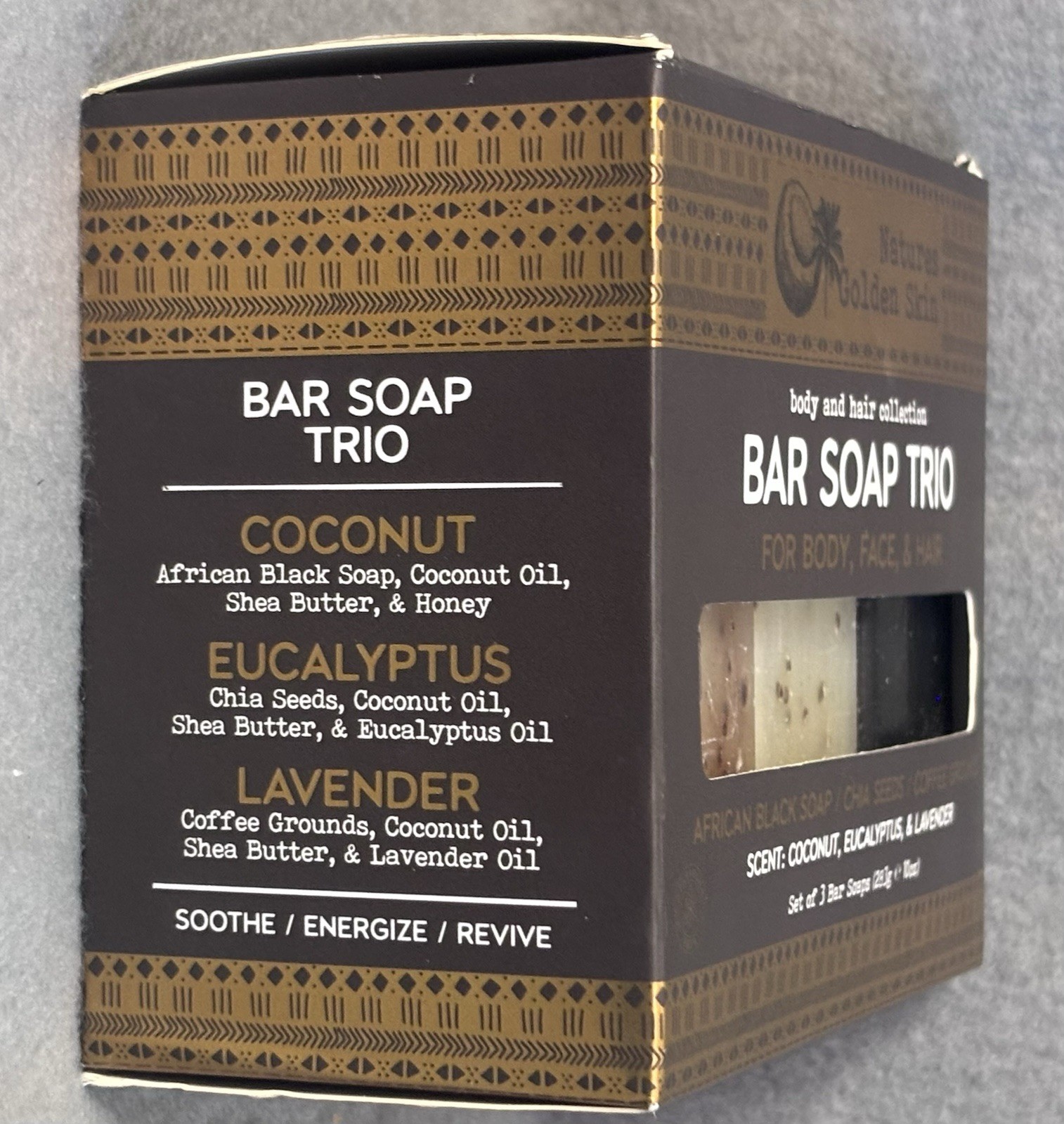 Nature’s Golden Skin Bar Soap Trio Body Face Hair Coconut Eucalyptus Lavender