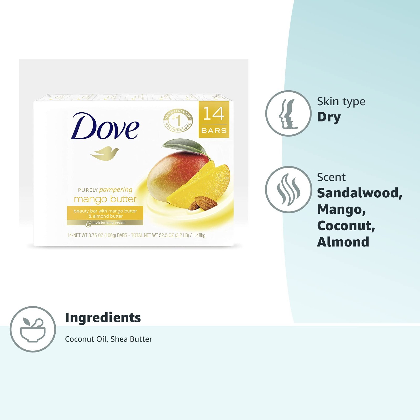 Moisturizing Mango Butter Beauty Bar – 14 Bars for Dry Skin – 3.75 oz Each
