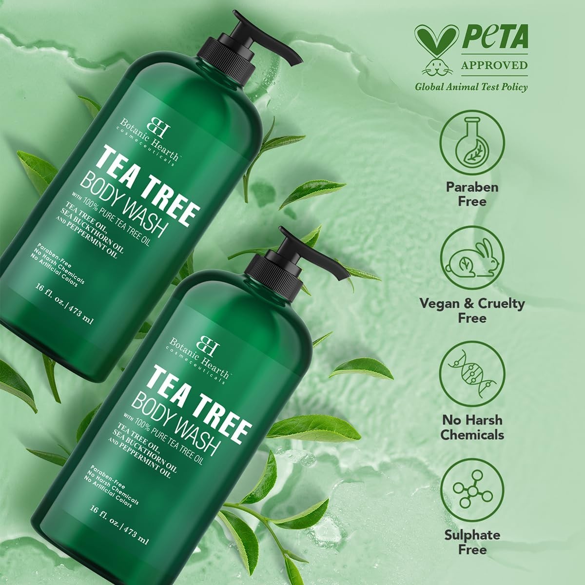 16 fl oz 2 Pack Tea Tree Oil Body Wash Soap for Men/Women Helps Athlete’s Foot,