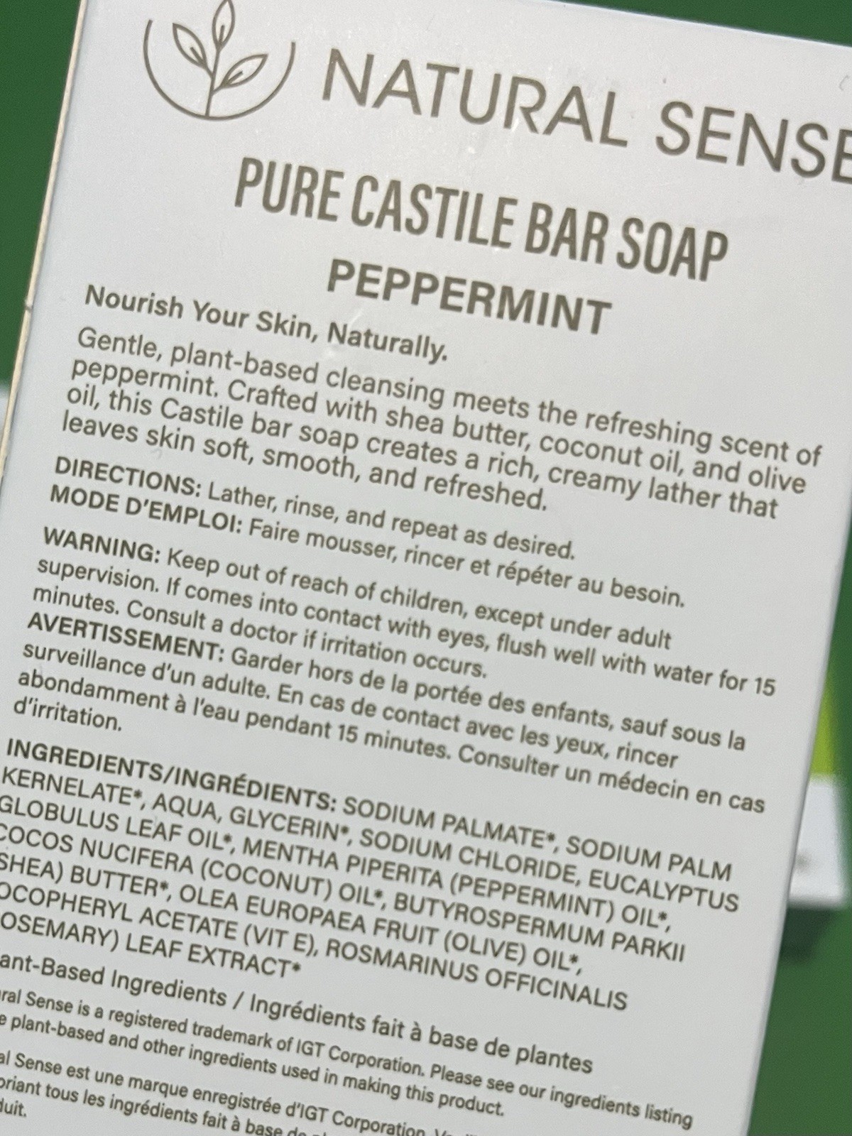 FOUR 5oz NATURAL SENSE Pure Castile Peppermint Bar Soap w Shea. Plant Based