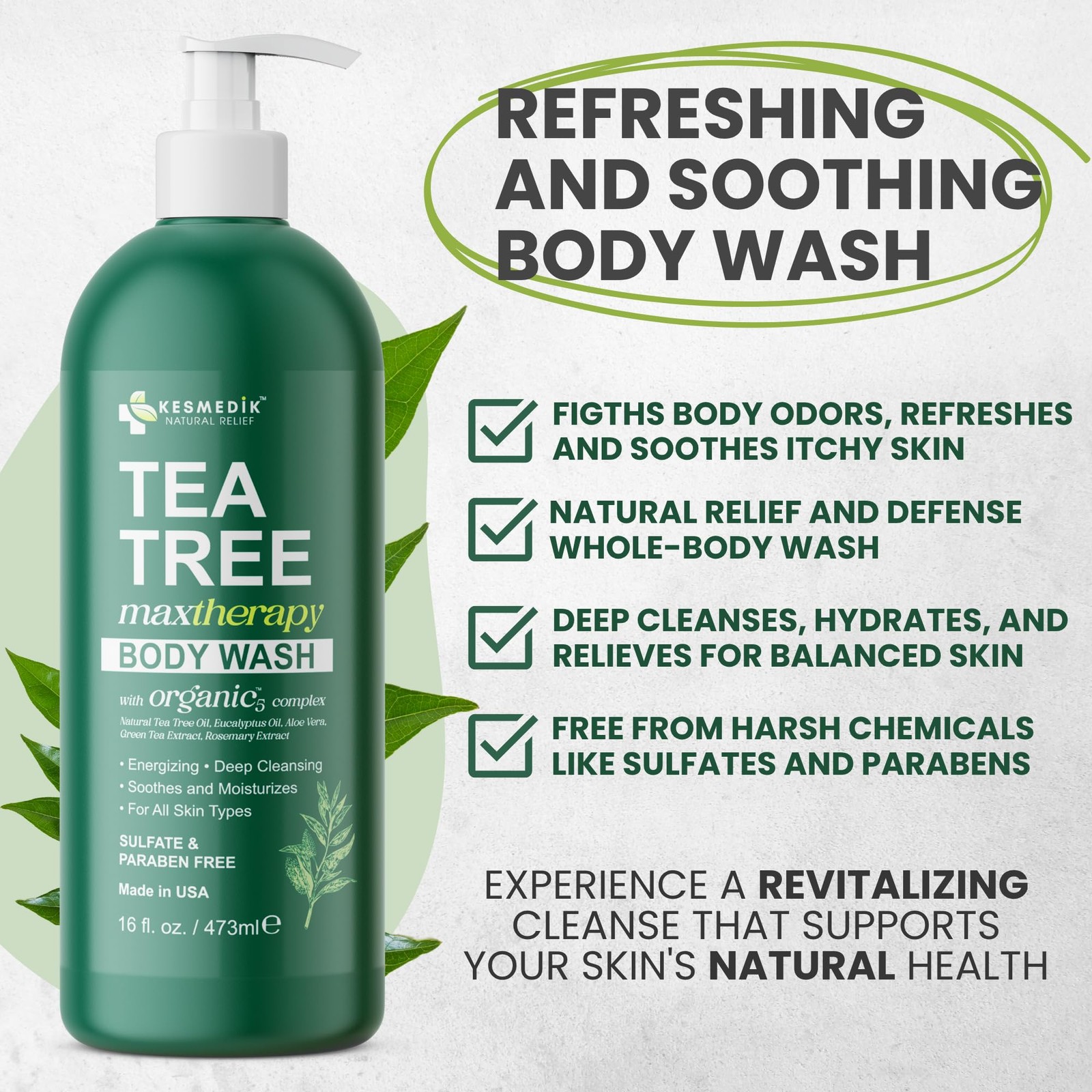 KESMEDIK Tea Tree Body Wash MaxTherapy with 16 Fl Oz (Pack of 1), Green