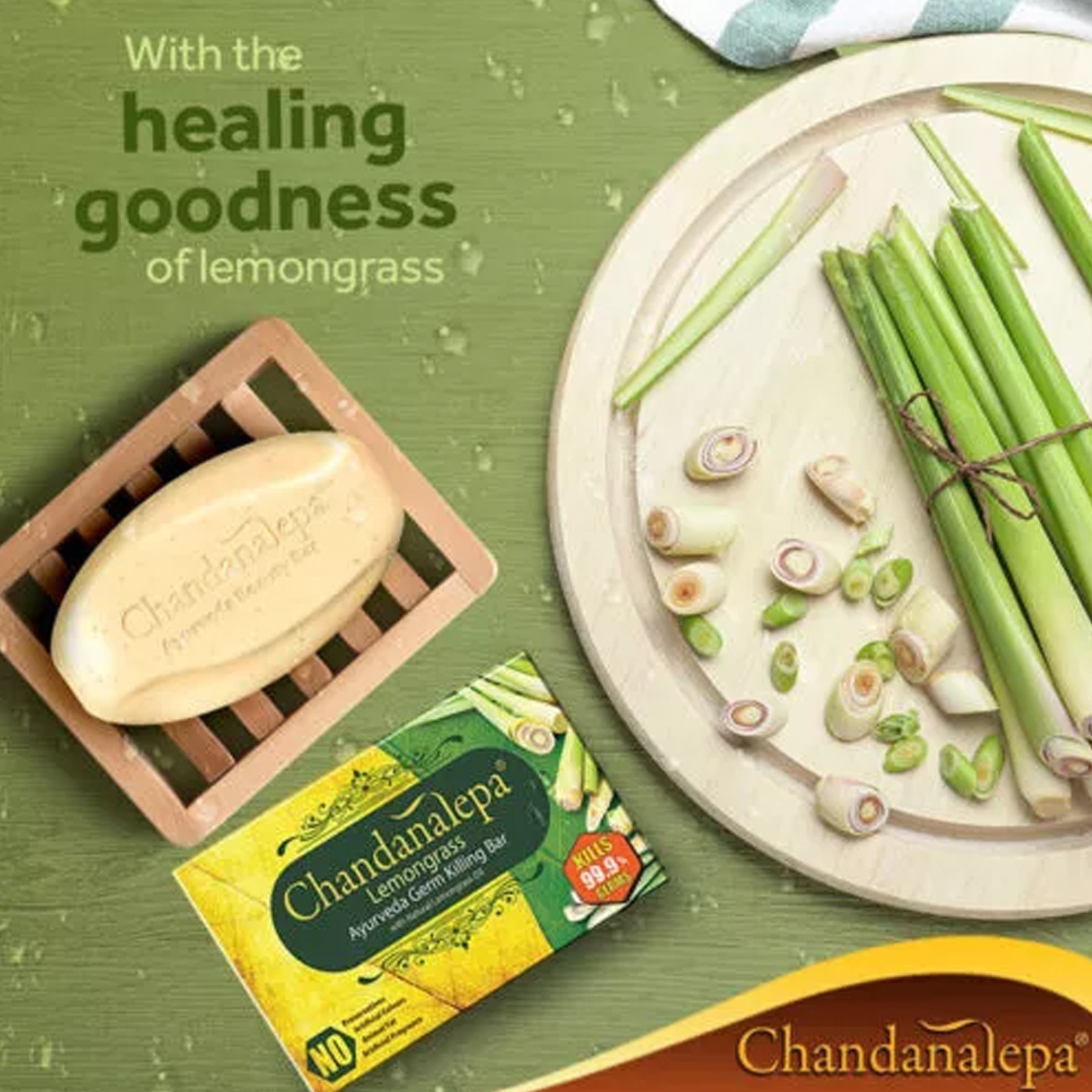 Ayurveda Chandanalepa Lemongrass Herbal Natural Beauty Soap Kills 99.9% Germs