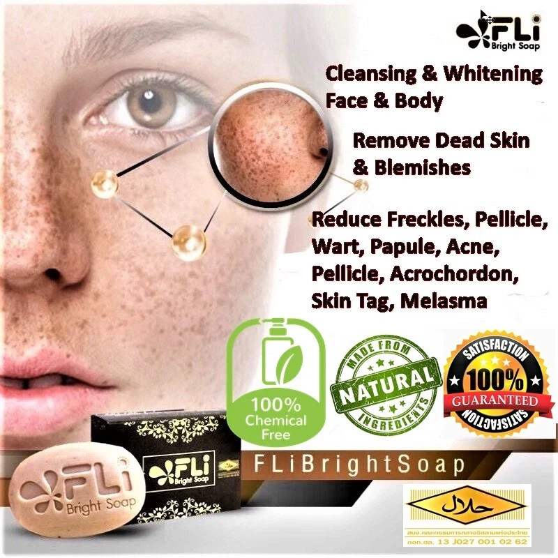 4x FLI Bright White Skin Soap Thai Herbal 120g. Body & Face Reduce acne freckle
