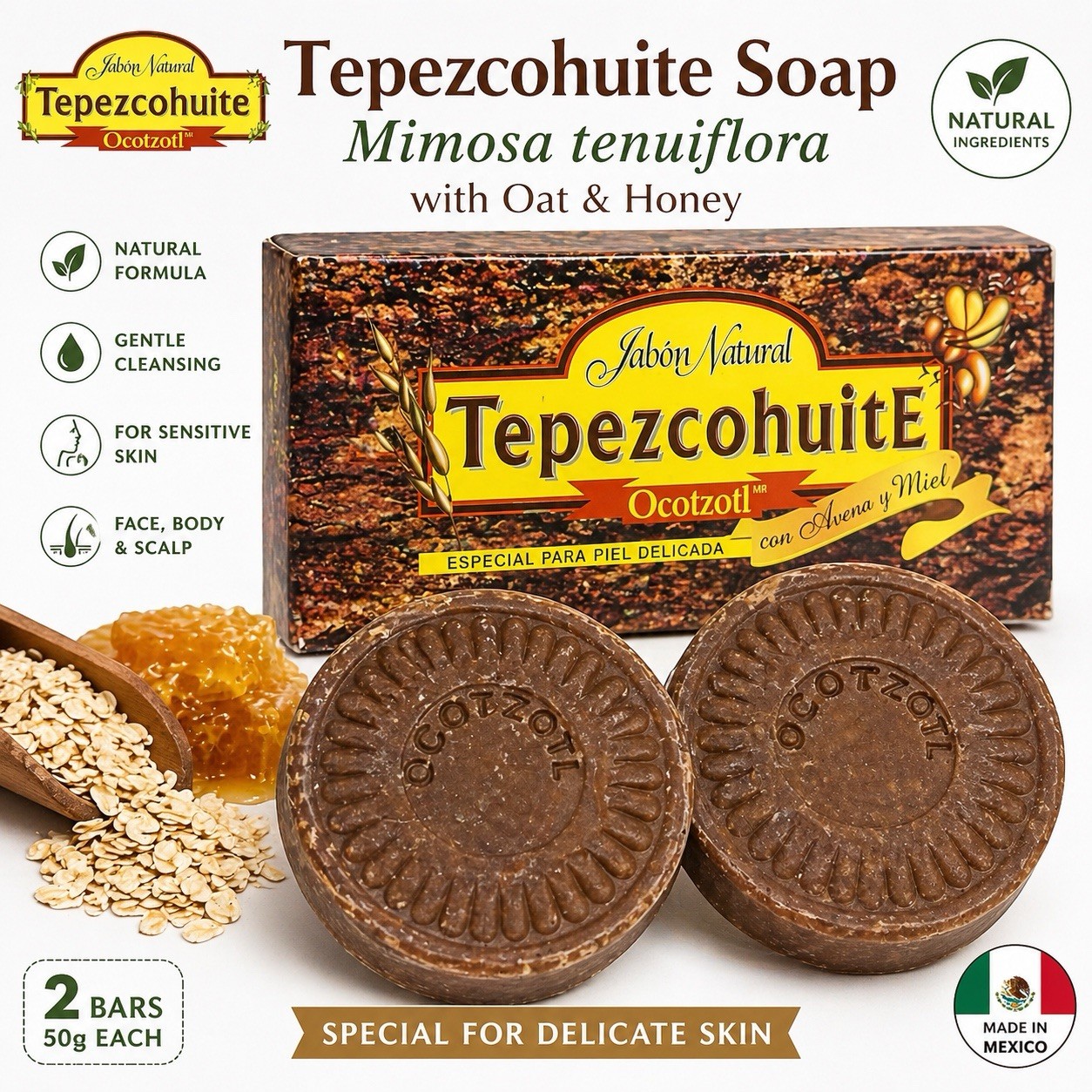 MIMOSA TENUIFLORA HERBAL SOAP JABON DE TEPEZCOHUITE 100GRS 100% Natural (2 Pack)