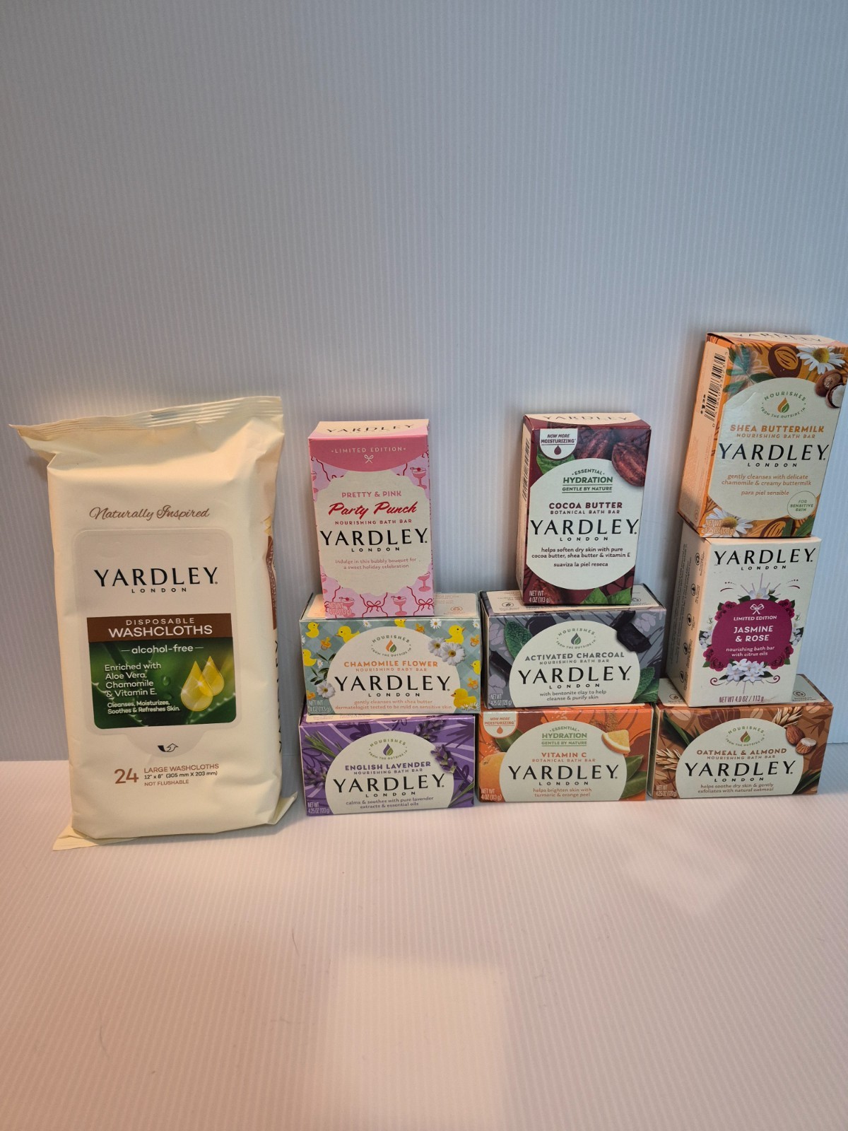 Lot of 10 Yardley Beauty Items. 9 soaps of different scents & 1 pk of washcloths