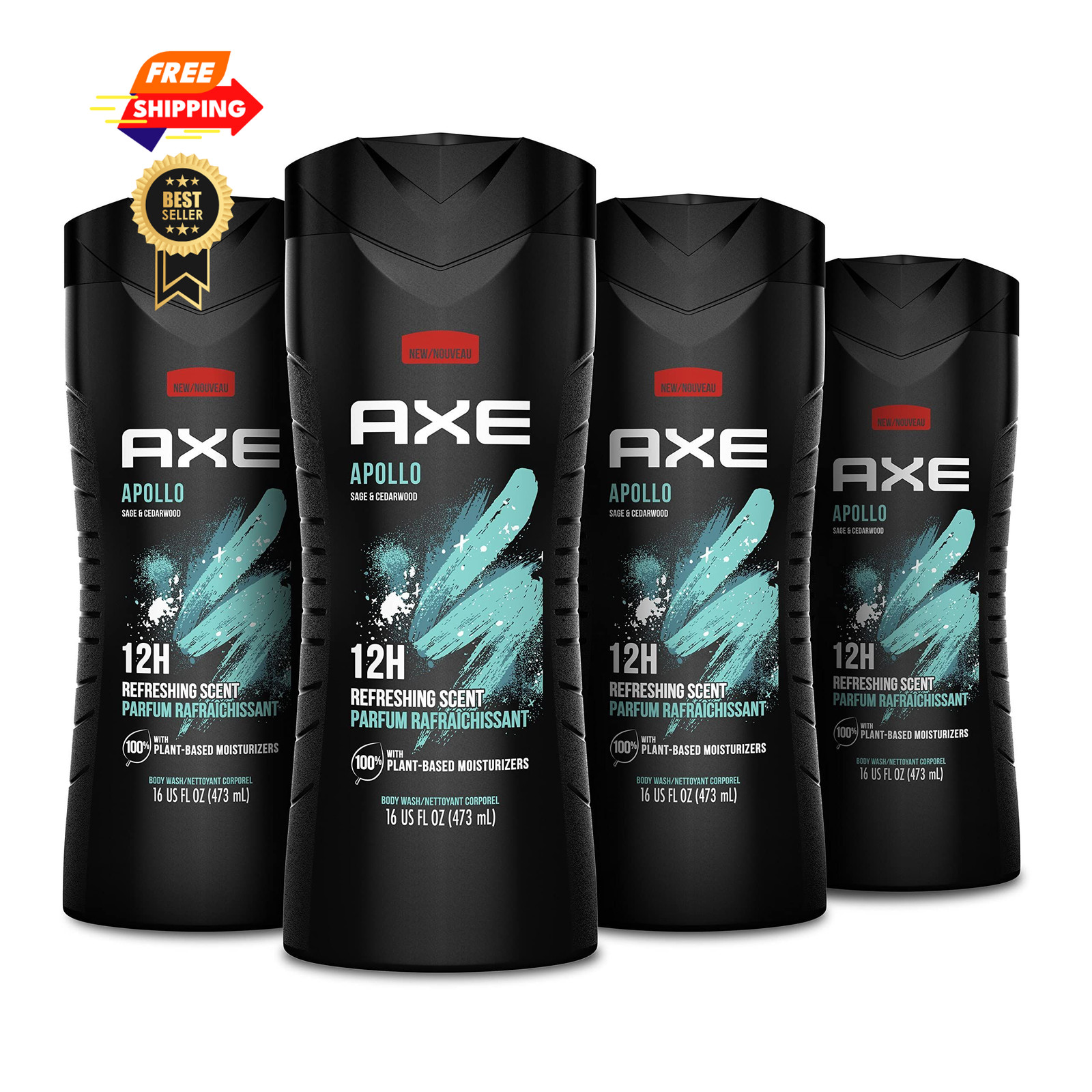 AXE Sage & Cedarwood Body Wash Apollo 4 Count for 16 Fl Oz (Pack of 4), BLACK