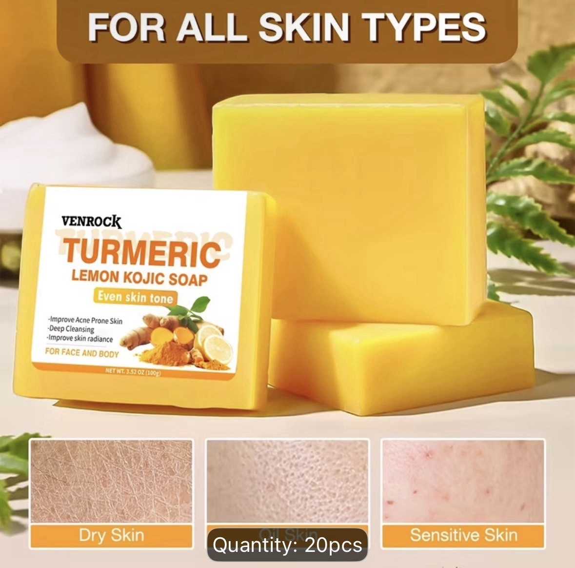 VENROCK Turmeric Lemon Kojic Soap Deep Cleansing Face Body 20pcs 100g/3.52oz